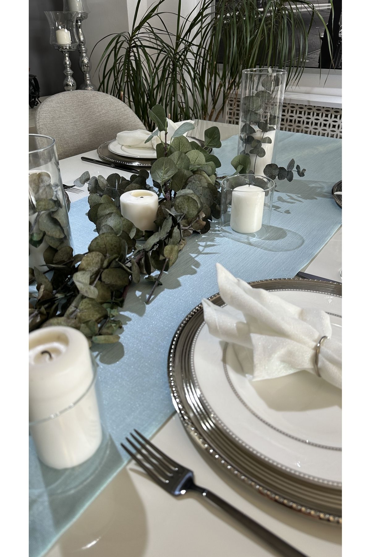 Keten Dokulu Simli Mint Yeşili Uzun Runner