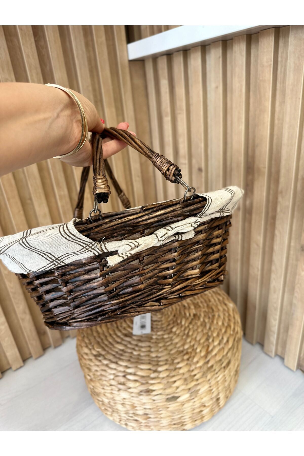 Rattan Kulplu Kahverengi Sepet