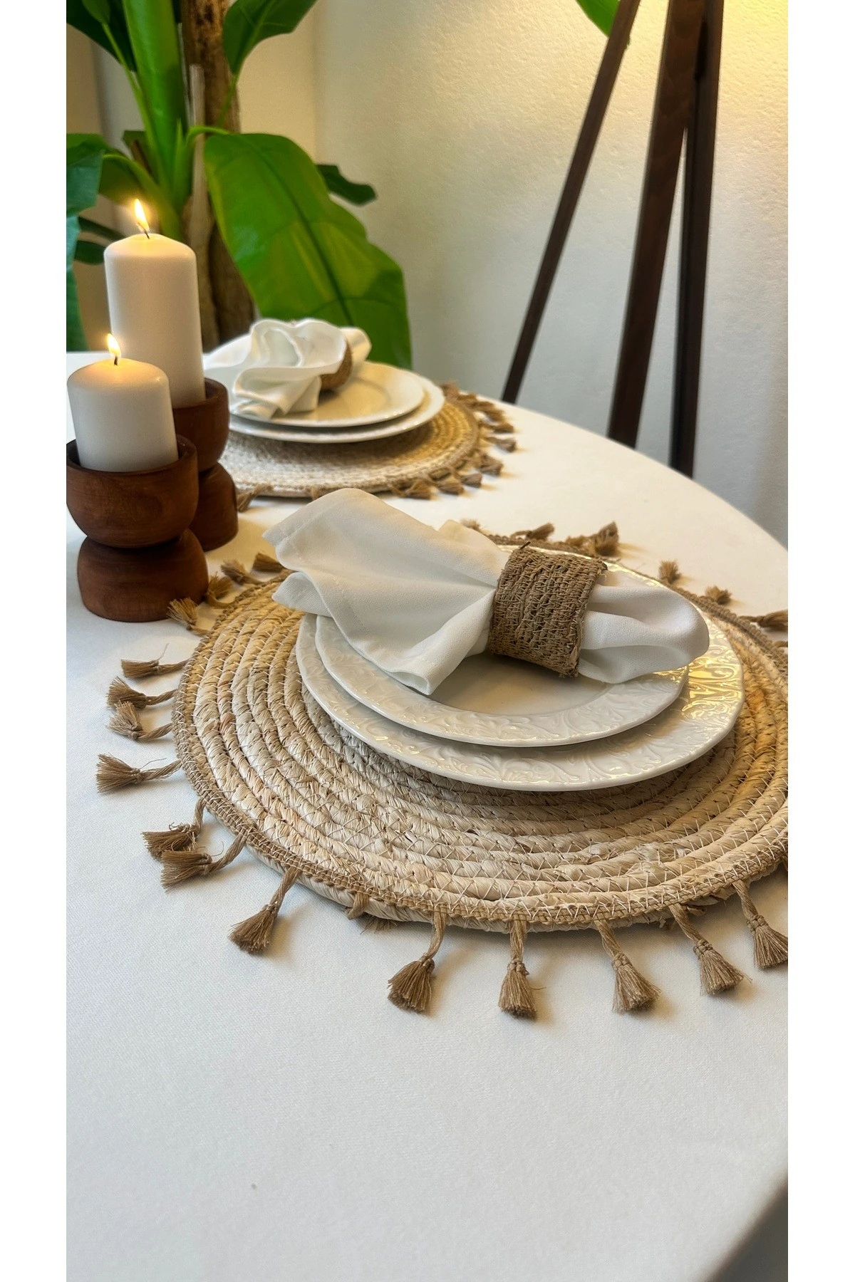 6 ad Set Oval Fırfırlı Hasır Supla ve 6 ad Hasır Peçete Yüzüğü - Açık Bej