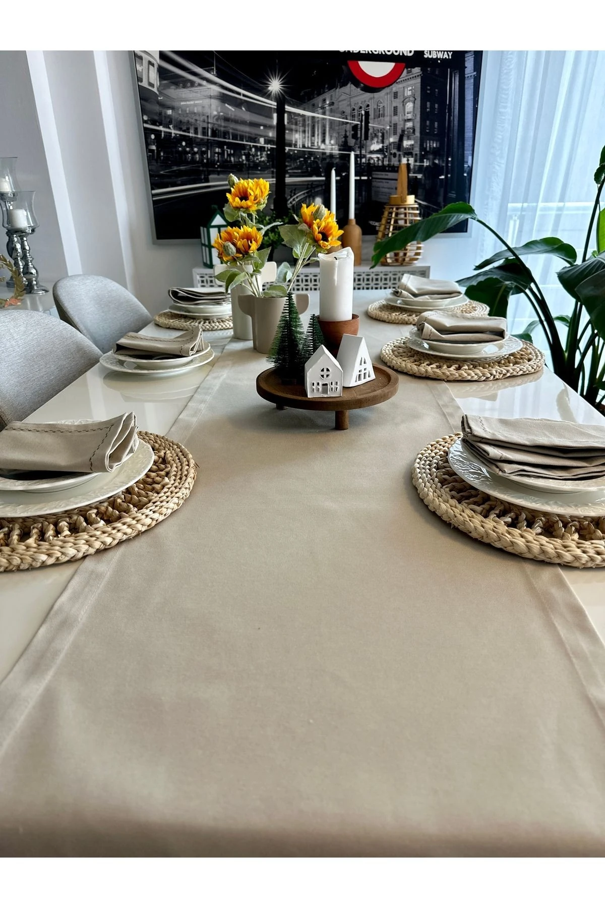 Keten Bej Uzun Runner Üst Kalite Leke Tutmaz Dertsiz Kumaş