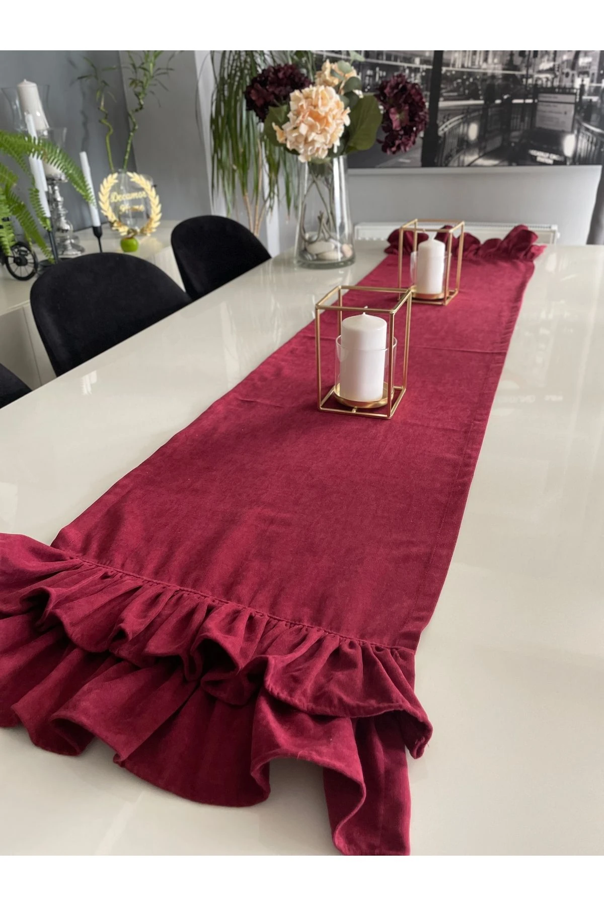 Kadife Doku Bordo Fırfırlı Runner