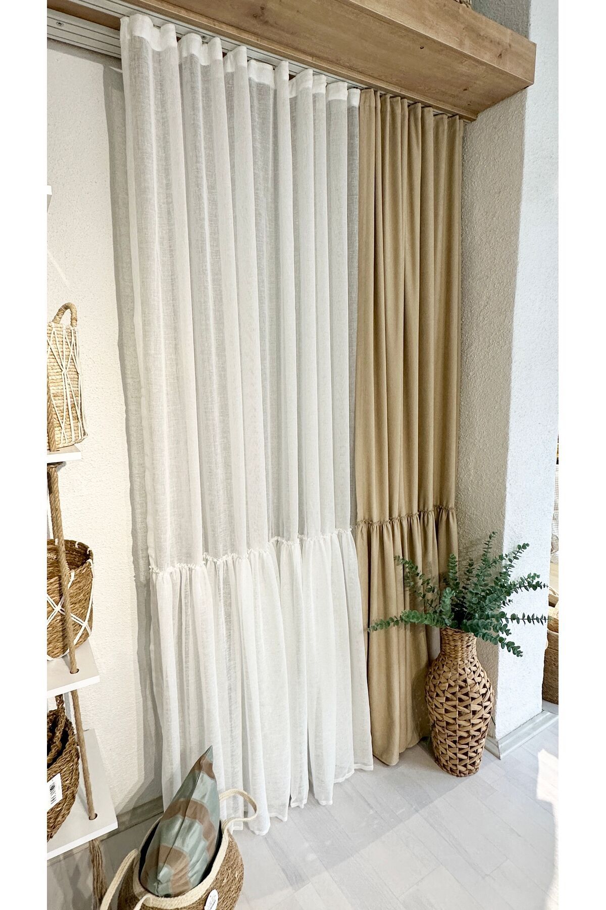 Beyaz Vintage Keten Fırfırlı Tül Perde
