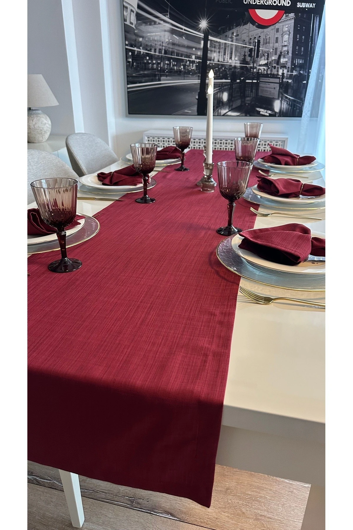 Keten Dokulu Şarabi Bordo Runner Dertsiz Kumaş