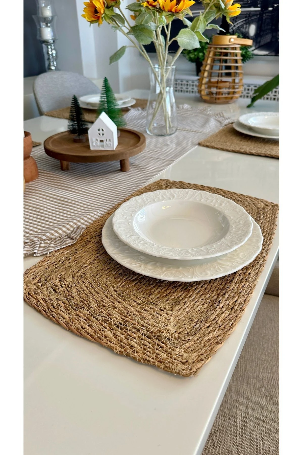 6 ad Set Oval Fırfırlı Hasır Supla ve 6 ad Hasır Peçete Yüzüğü - Koyu kahverengi