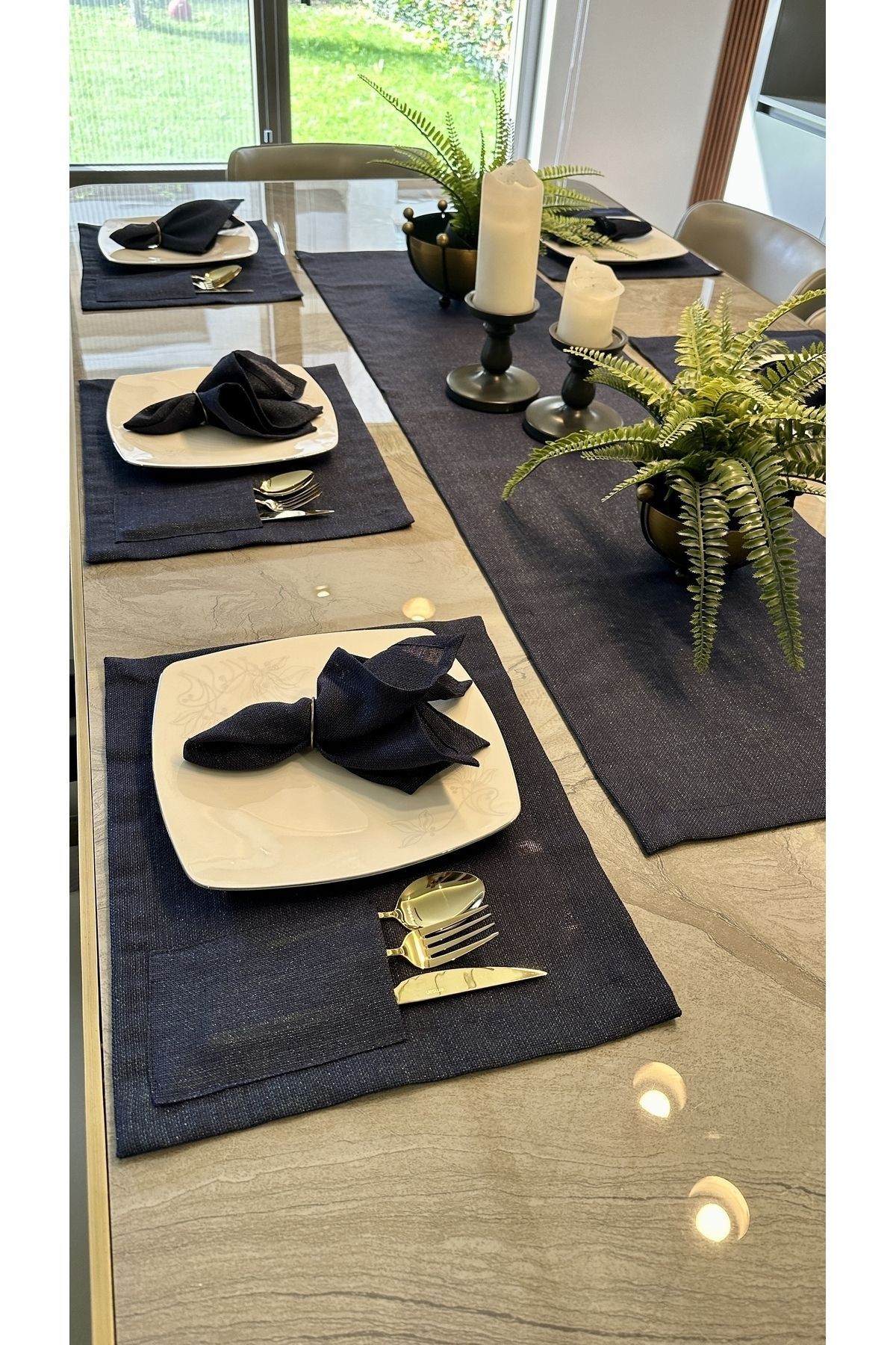 Linen Dertsiz Leke Tutmaz Simli Lacivert Amerikan Runner Set Kaşıklıklı Amerikan Servis