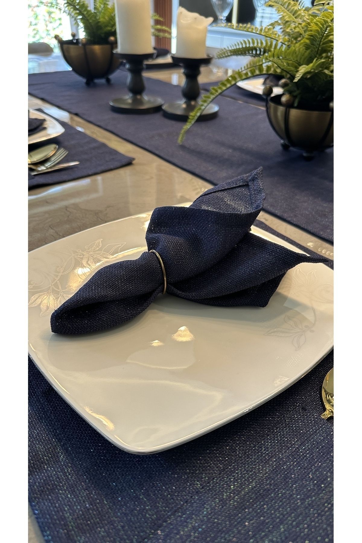 Linen Dertsiz Leke Tutmaz Simli Lacivert Amerikan Runner Set Kaşıklıklı Amerikan Servis