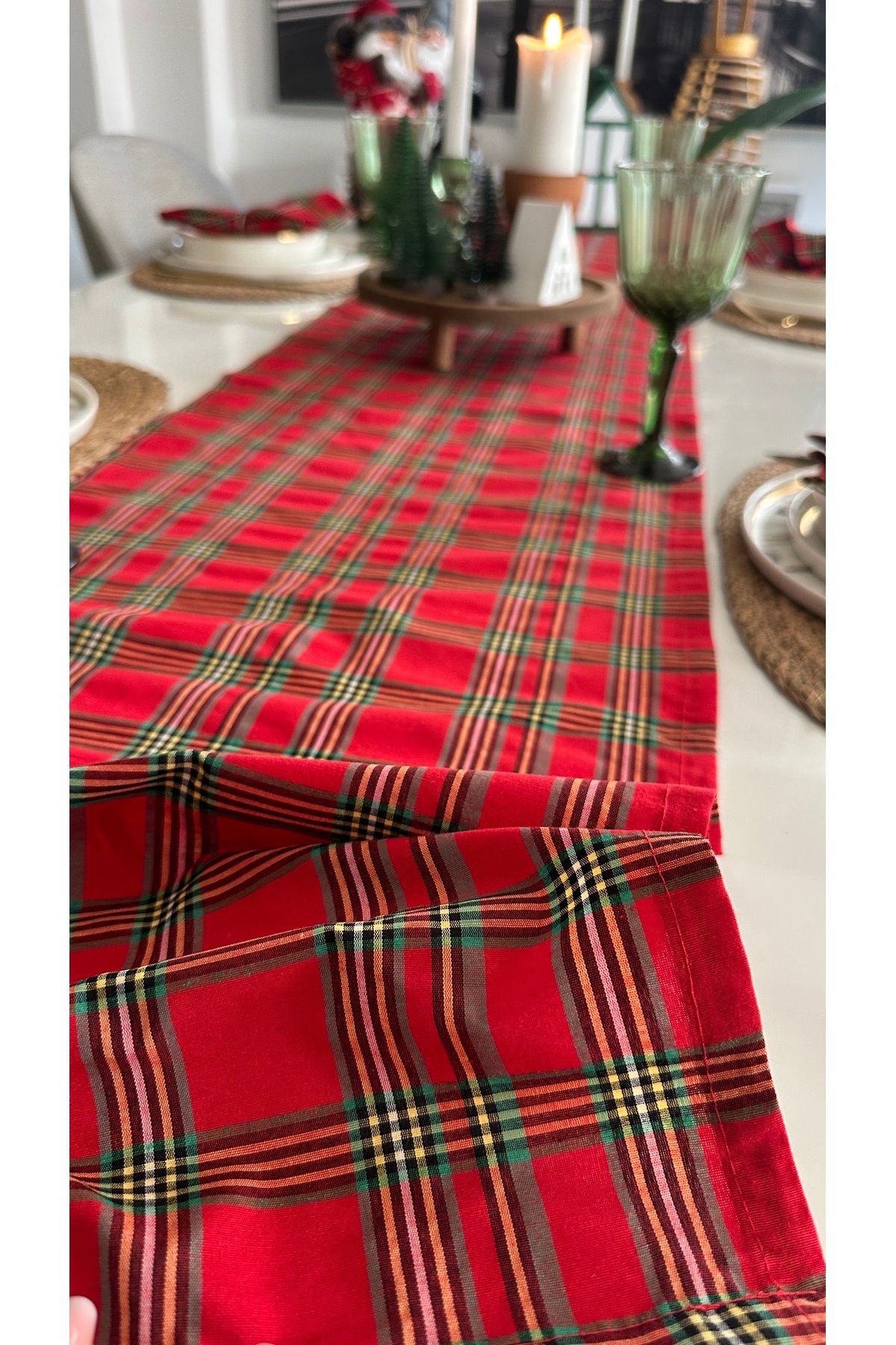 Runner ve Peçete Set Yeni Yıl Temalı Ekose Desen Pamuklu Uzun Runner