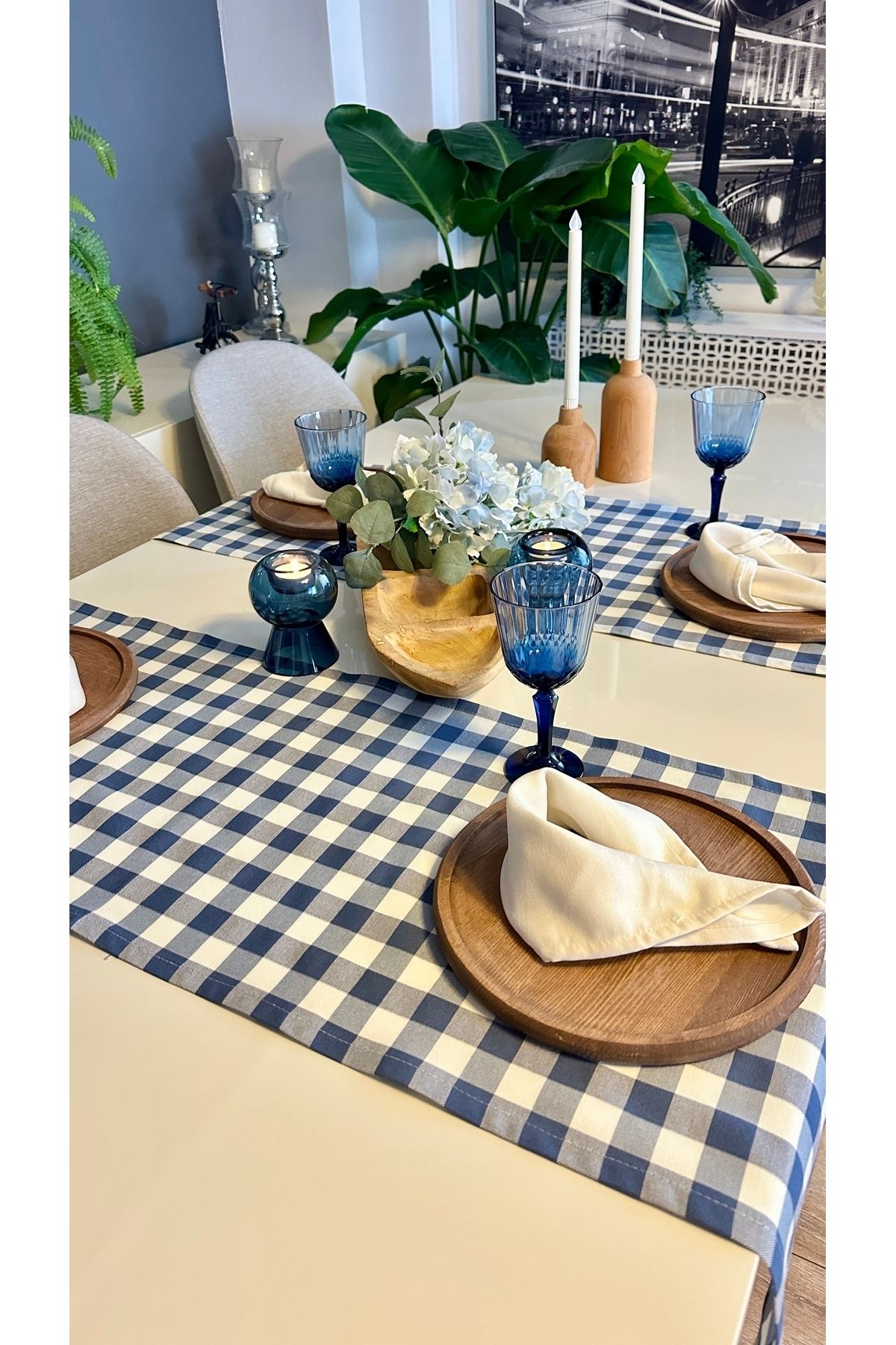 Kareli Mavi Beyaz Keten Dertsiz Runner