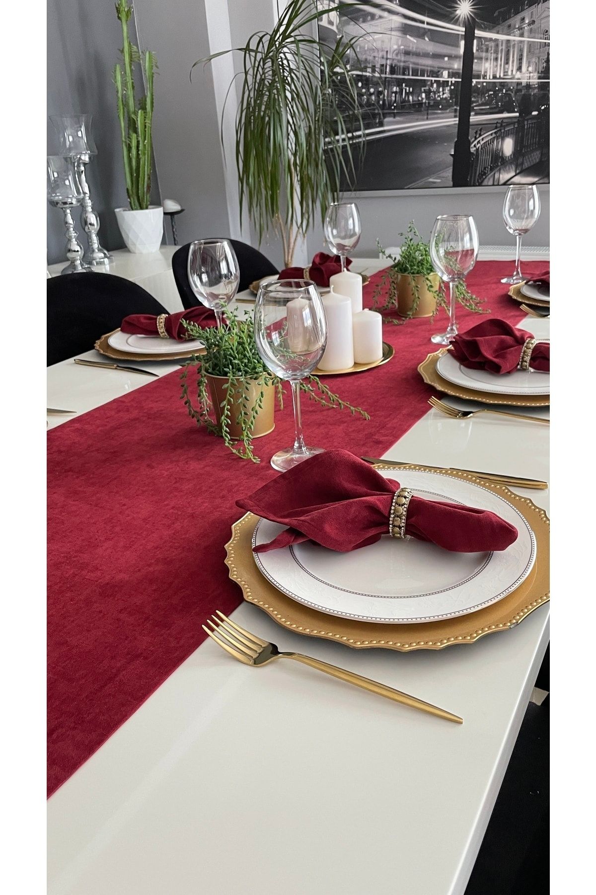 Kadife Dokulu Dertsiz Uzun Bordo Runner