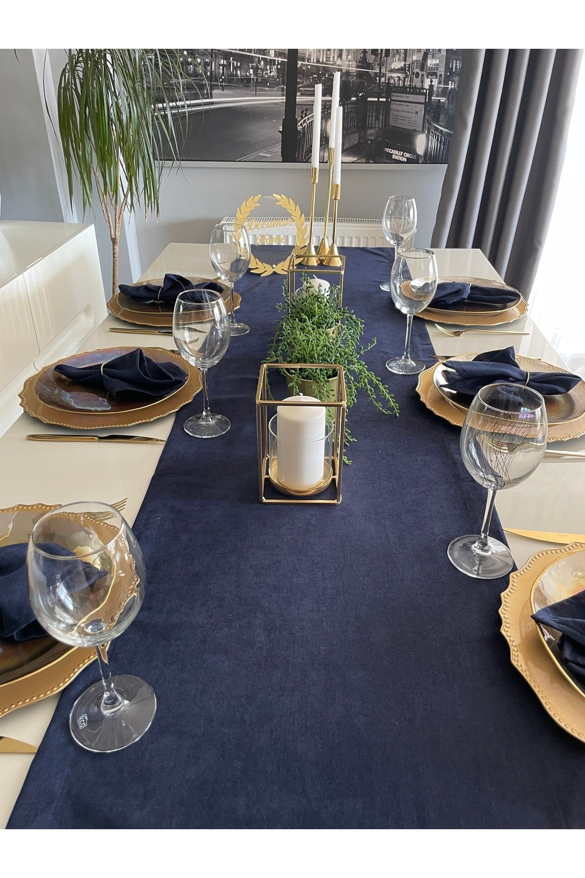 Kadife Dokulu Dertsiz Lacivert Uzun Runner