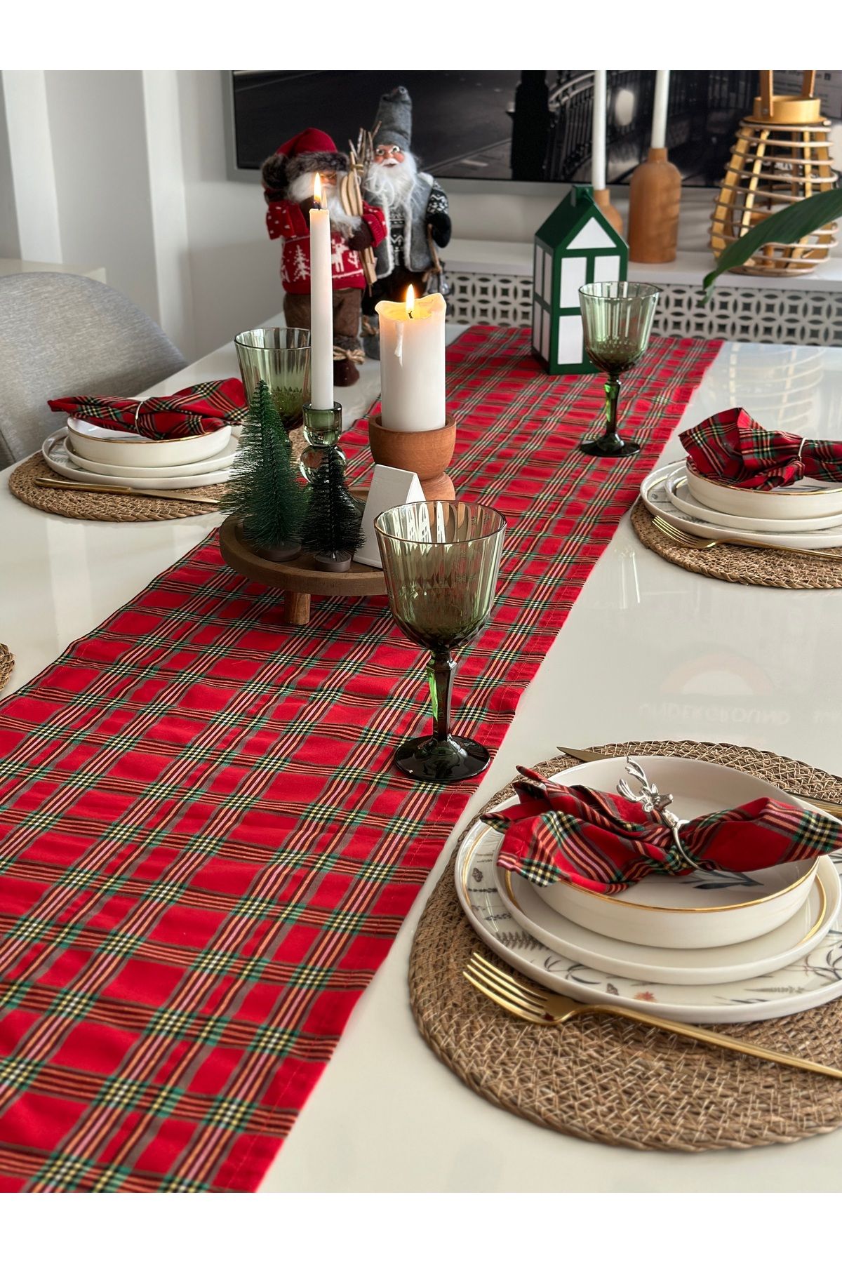 Runner ve Peçete Set Yeni Yıl Temalı Ekose Desen Pamuklu Uzun Runner