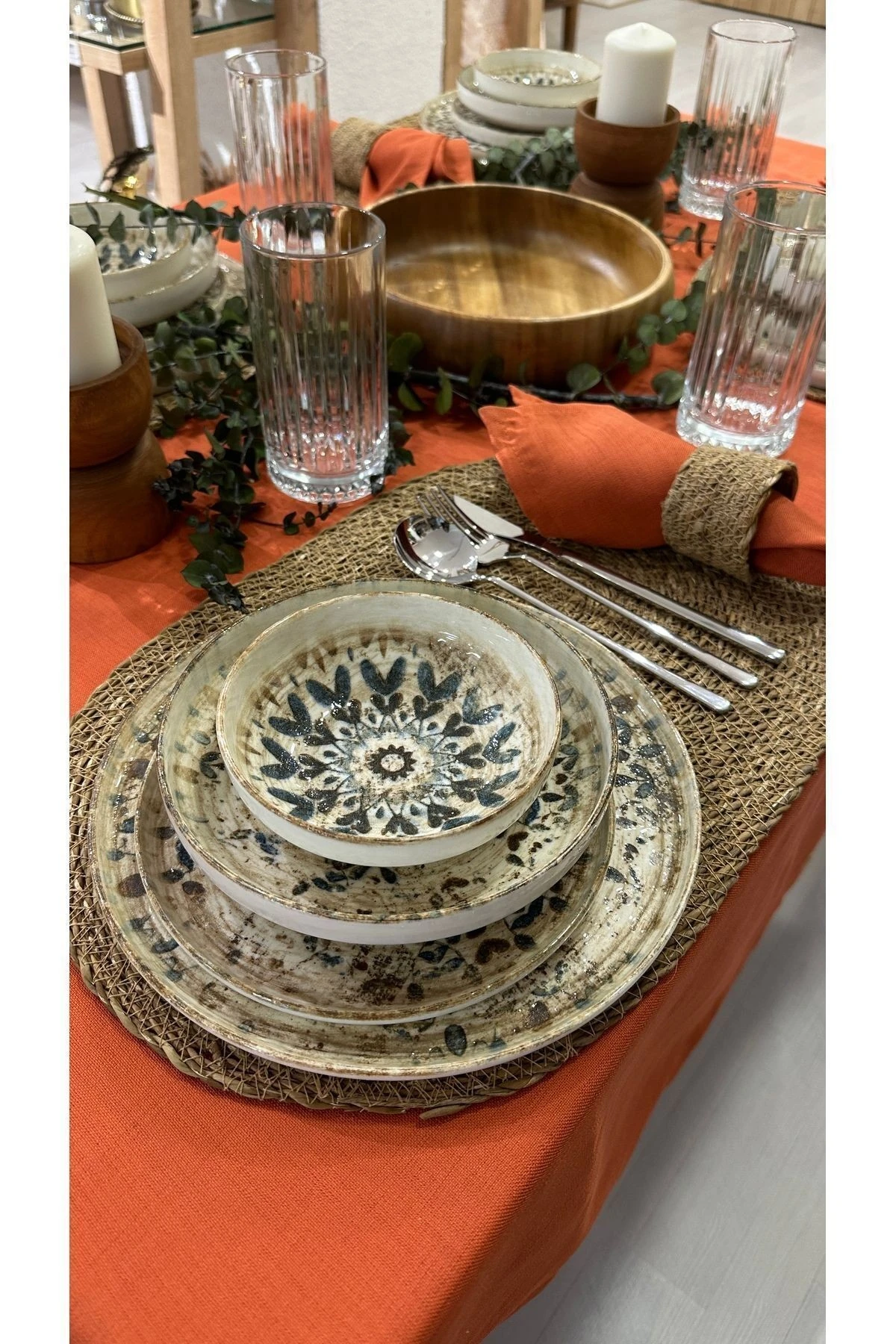 6 ad Set Oval Fırfırlı Hasır Supla ve 6 ad Hasır Peçete Yüzüğü - Bej