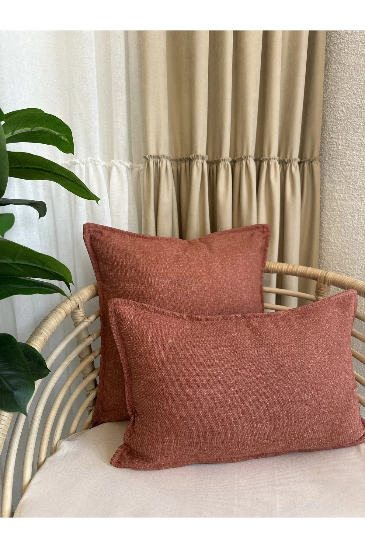 Kiremit Rengi Keten Dokulu Kırlent Kılıfı 1 ad