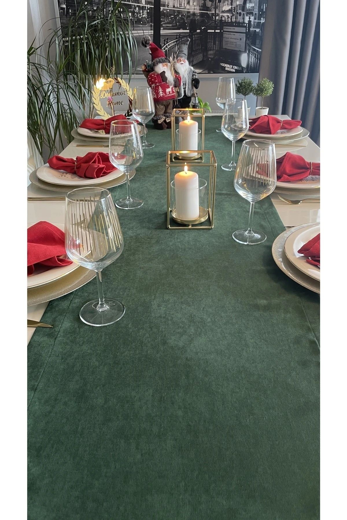 Kadife Dokulu Dertsiz Koyu Yeşil Runner Yılbaşı Özel Masası