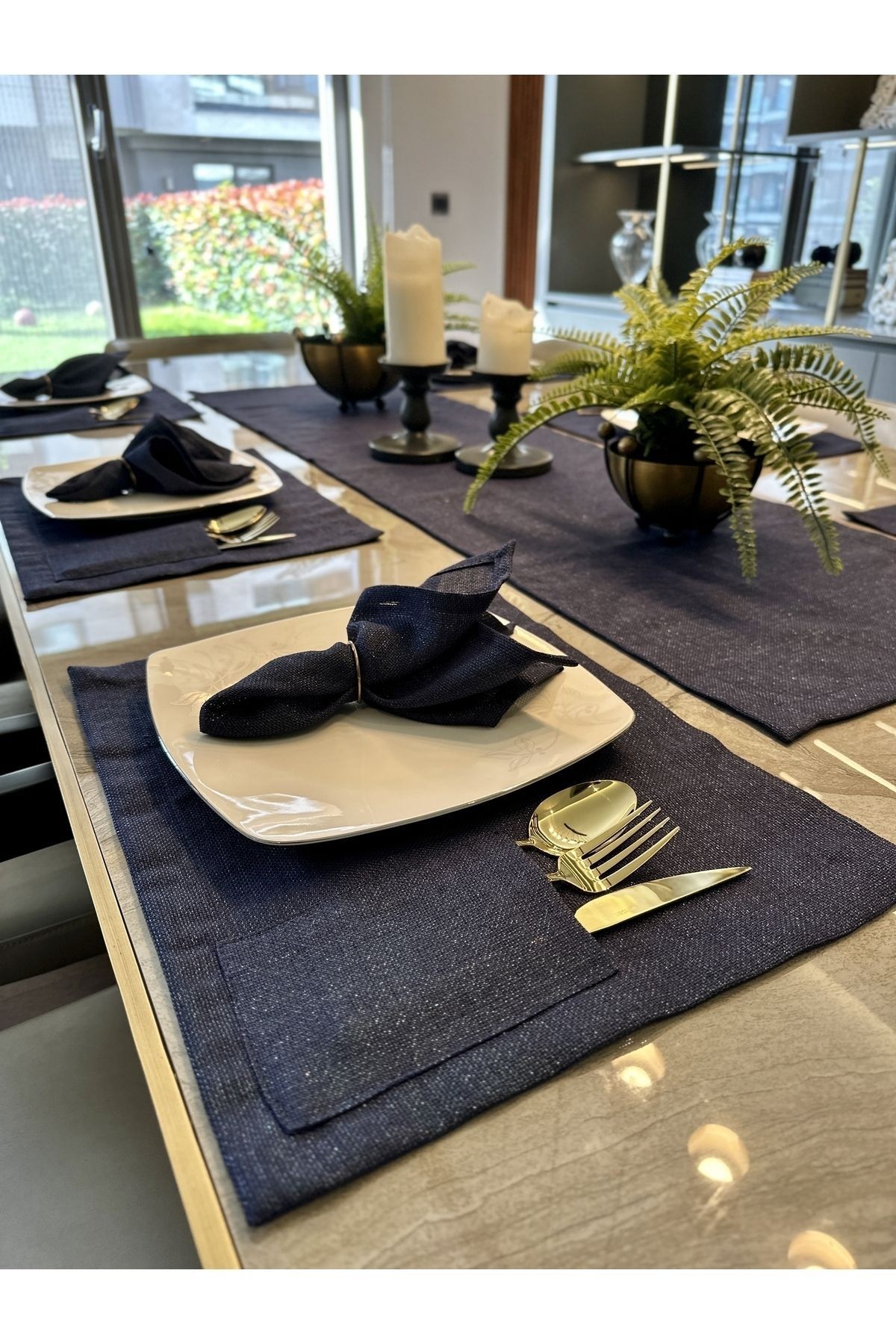 Linen Dertsiz Leke Tutmaz Simli Lacivert Amerikan Runner Set Kaşıklıklı Amerikan Servis