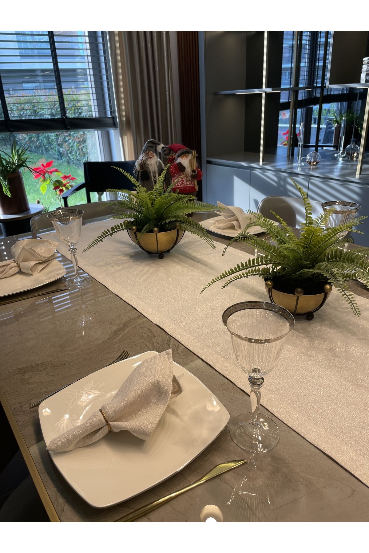 Gold Simli Ekru Uzun Runner