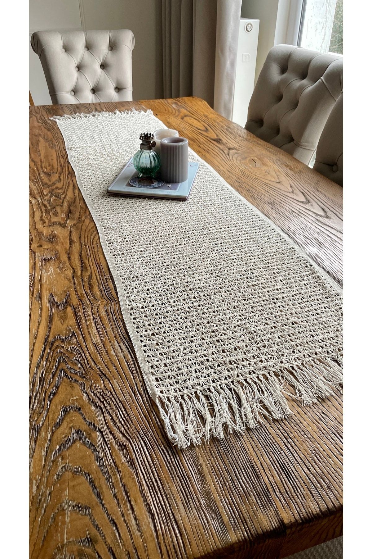 Bohem Örgü Dantel Püsküllü Ekru Runner
