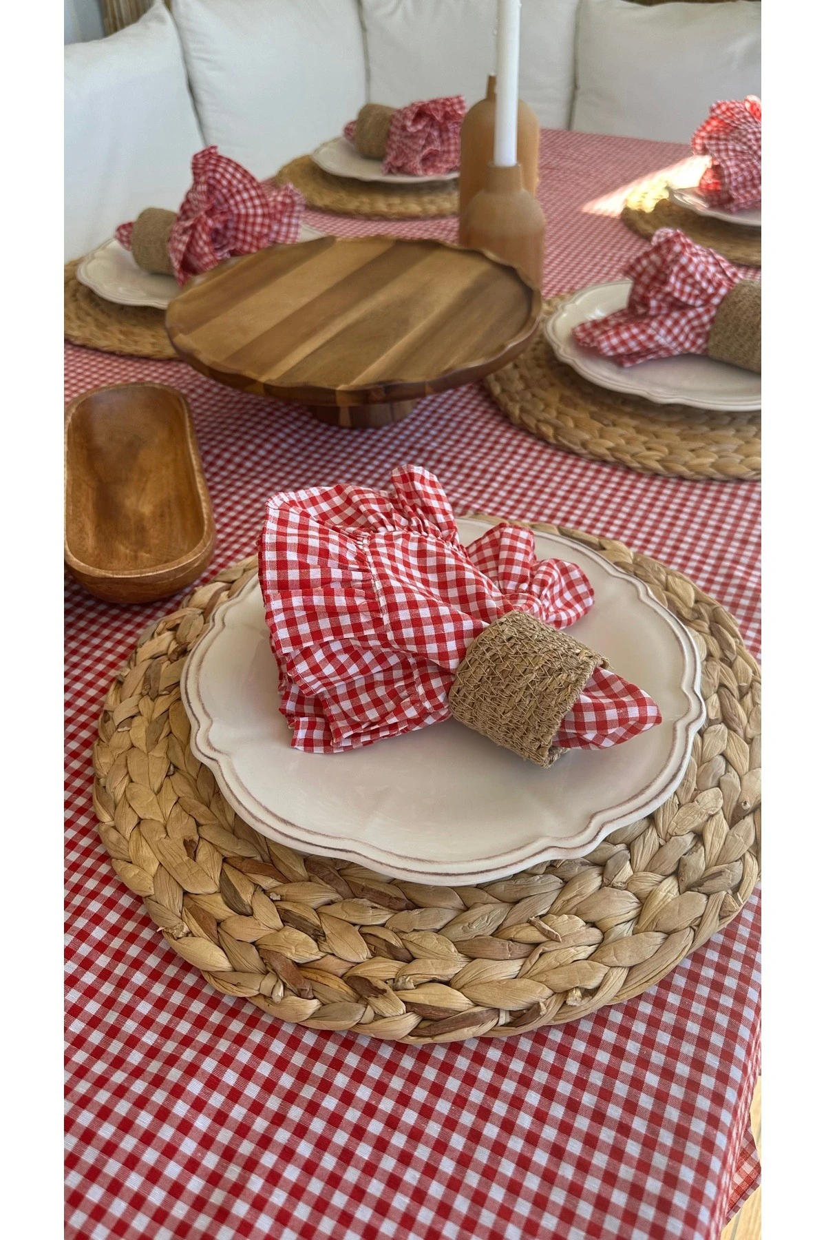 Thin Keten Kumaş 2’li Kırmızı Mini Pötikare Fırfırlı Peçete