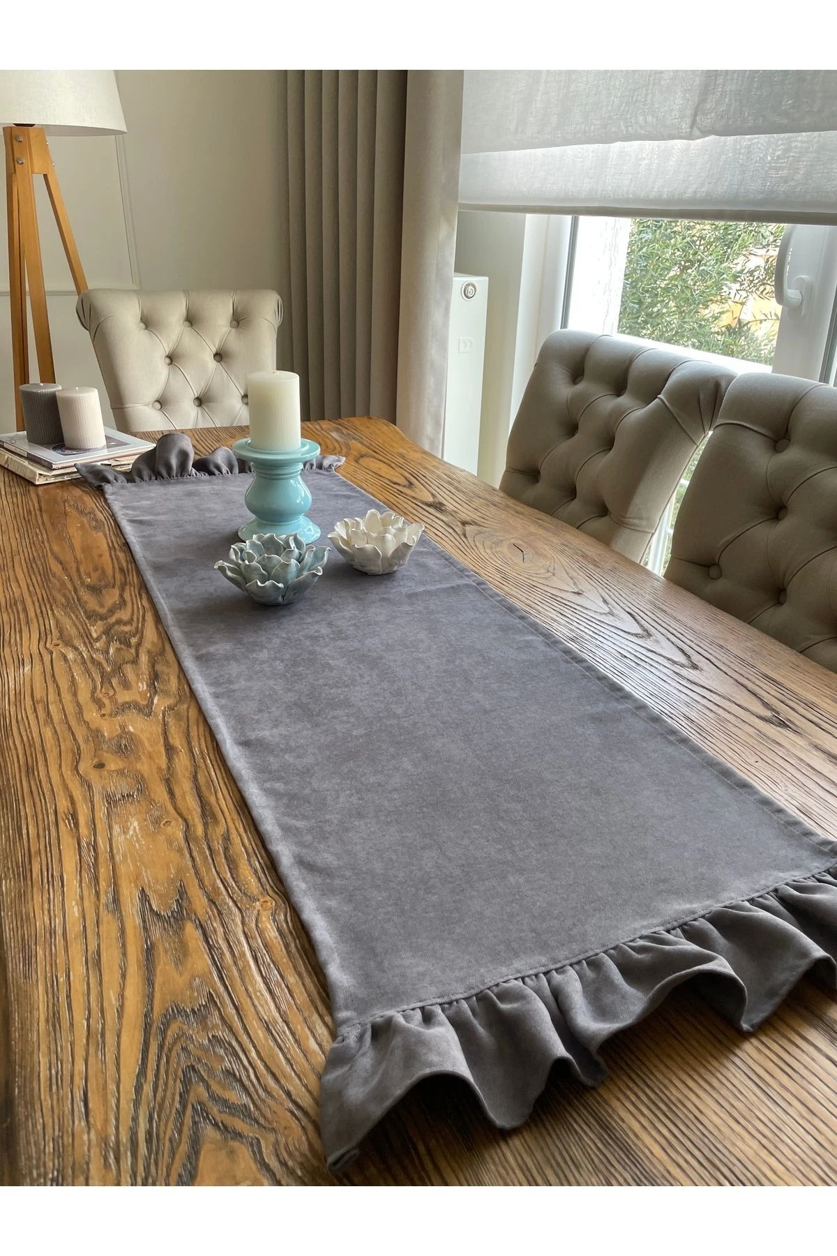 Kadife Dokulu Fırfırlı Uzun Dekoratif Füme Runner