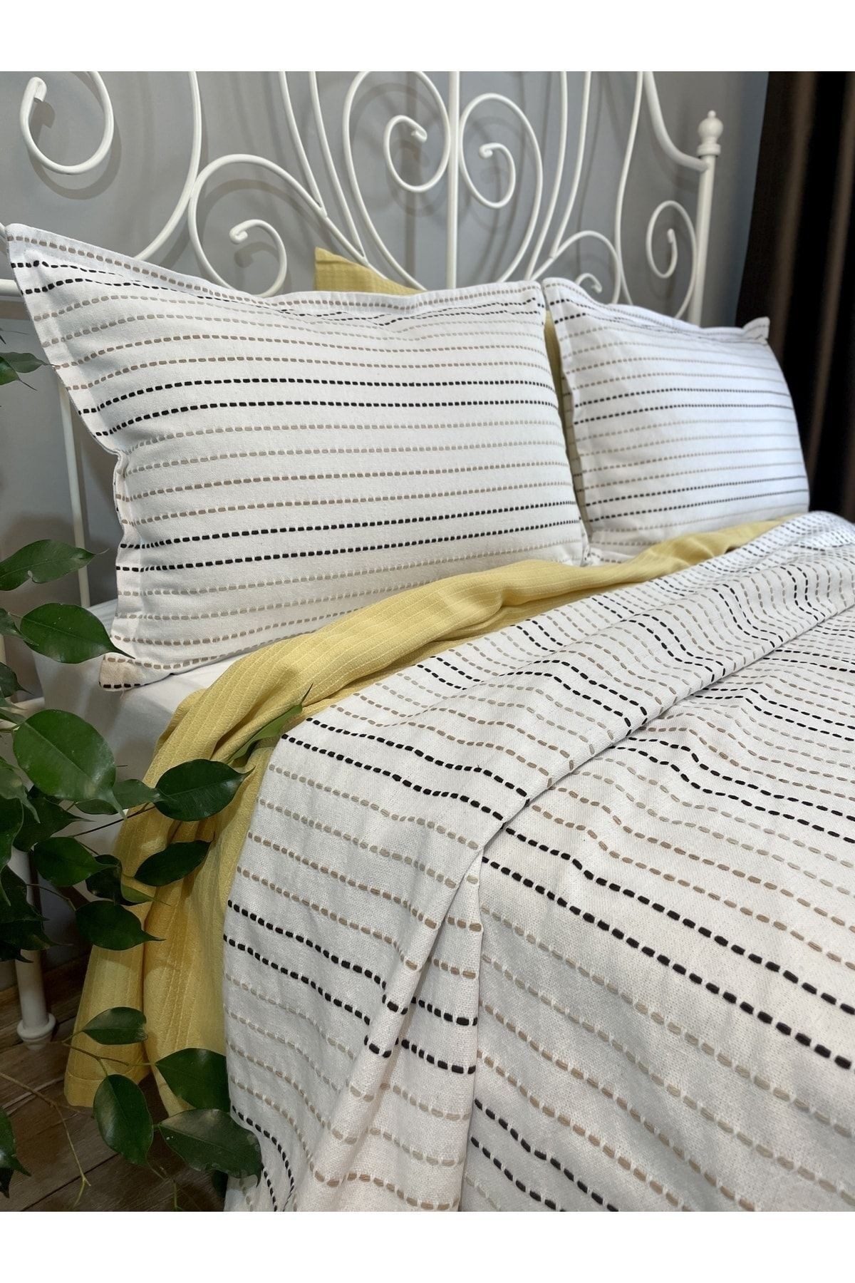 Linea Bej Yatak Örtüsü Pike Takımı Set Çift Kişilik
