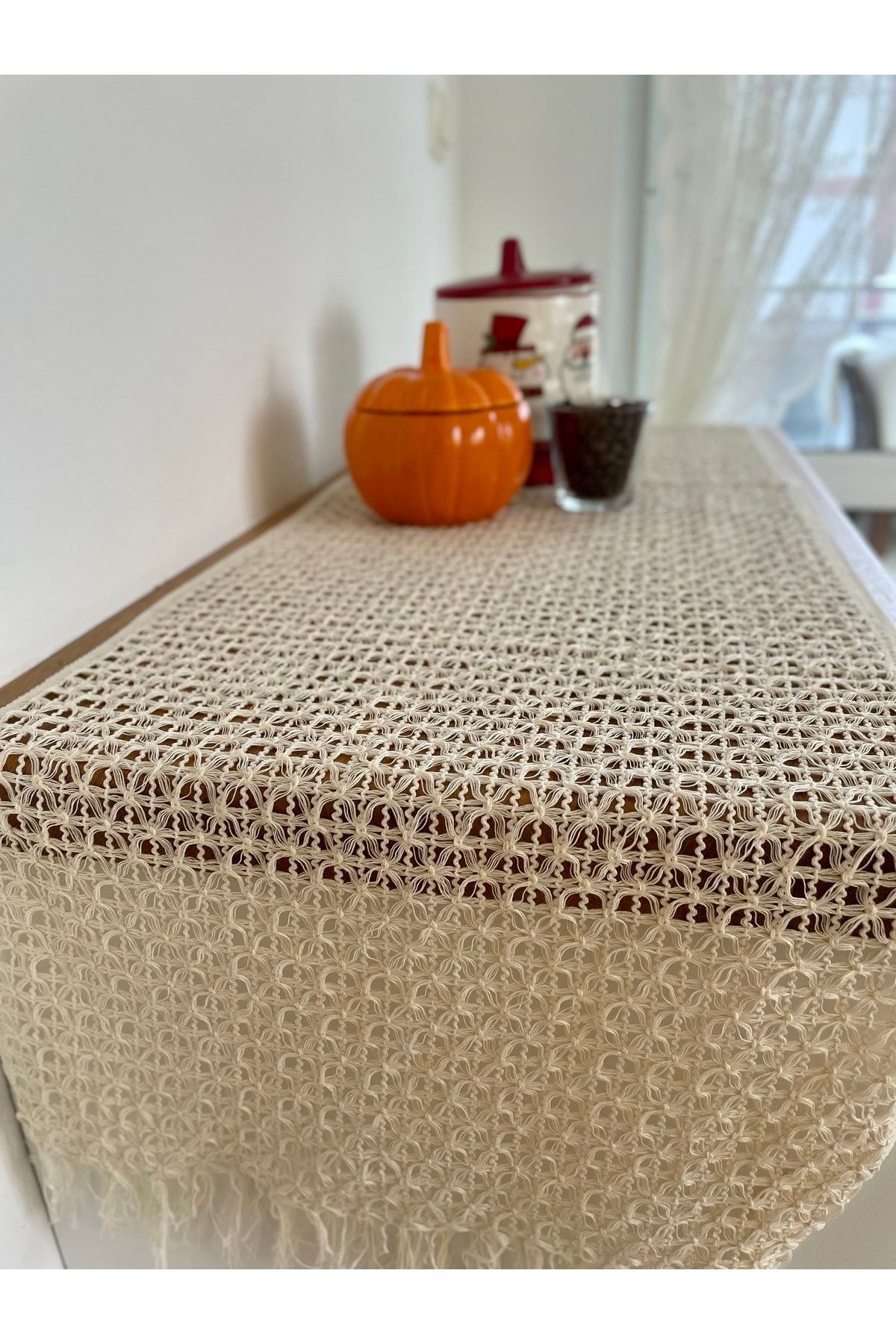 Bohem Örgü Dantel Püsküllü Ekru Runner