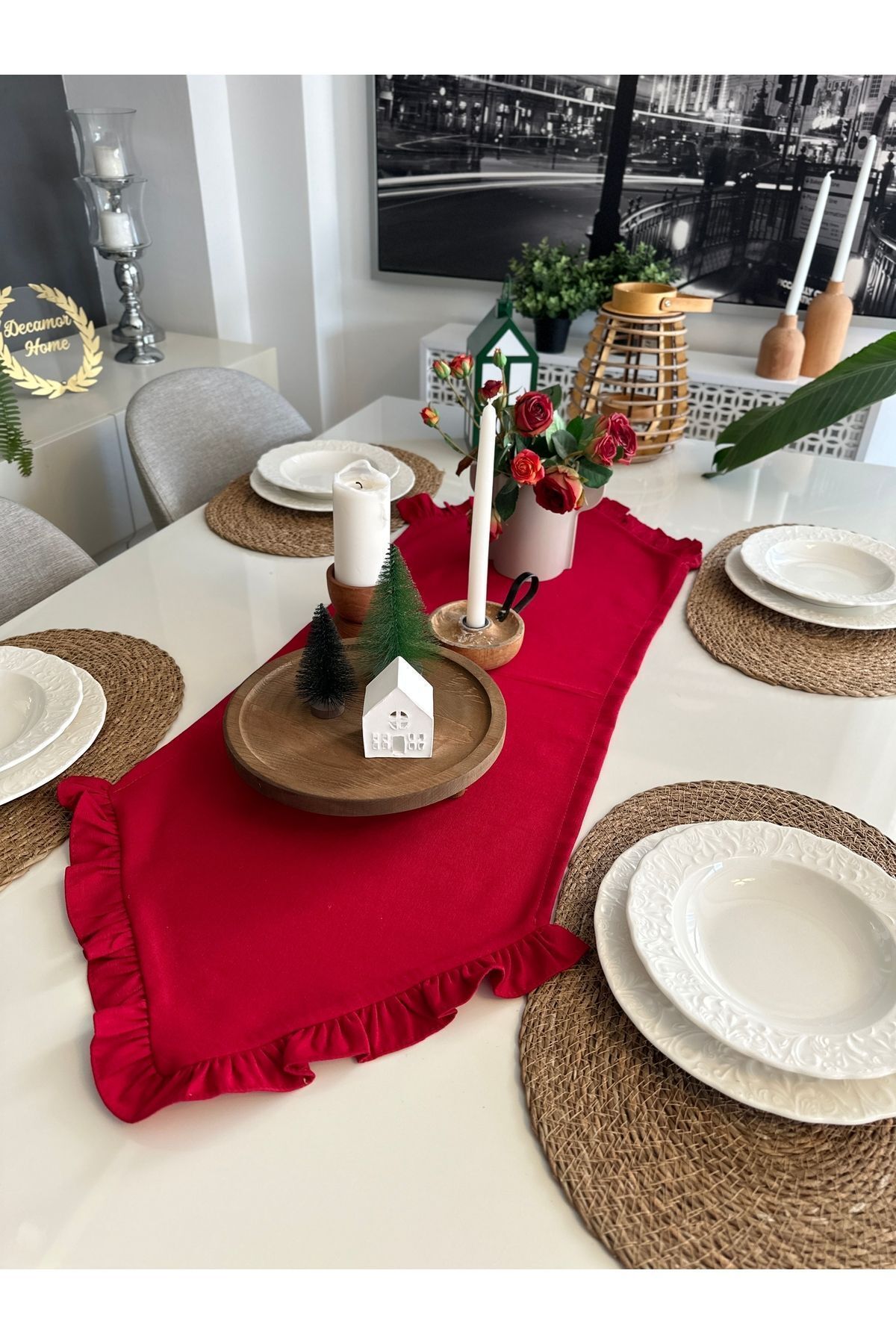 Vintage Köşe Fırfırlı Kırmızı Runner