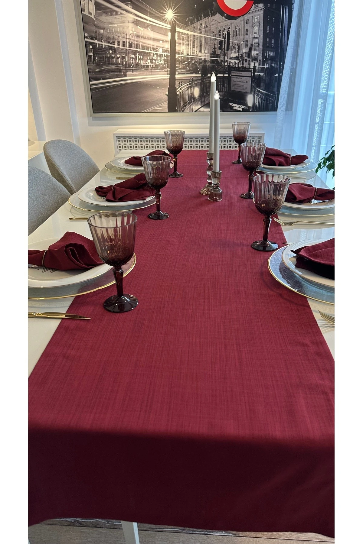 Keten Dokulu Şarabi Bordo Runner Dertsiz Kumaş