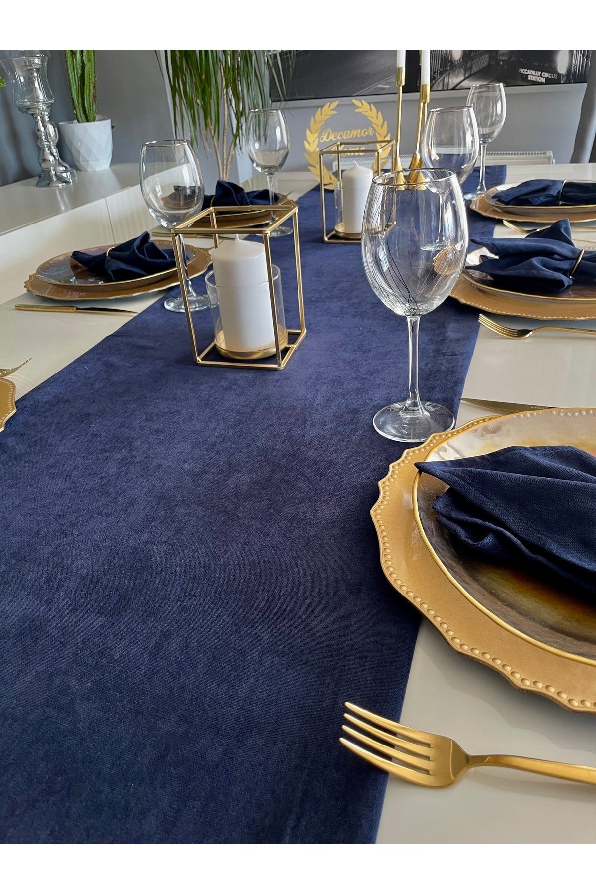 Kadife Dokulu Dertsiz Lacivert Uzun Runner