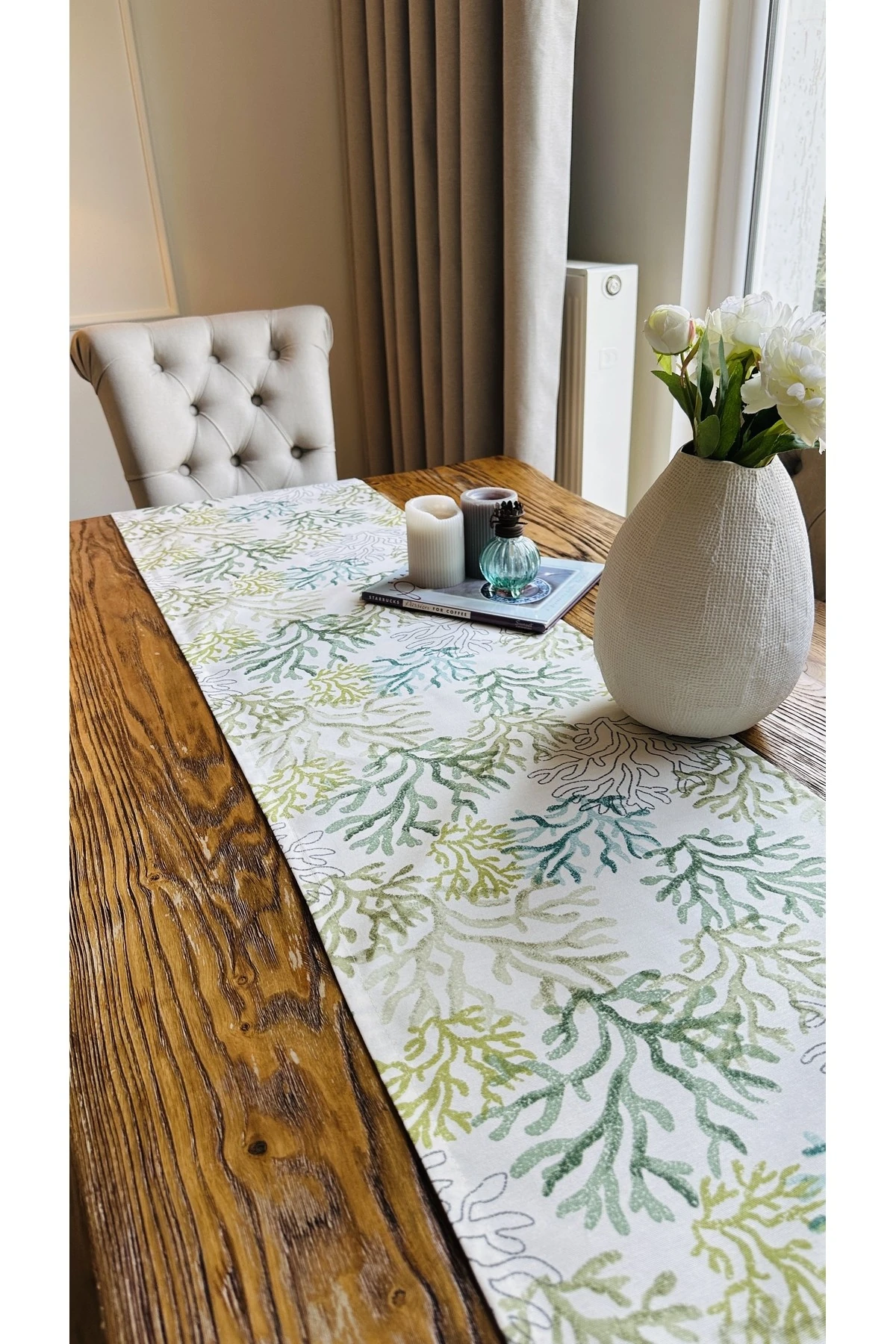 Yeşil Ekru Dertsiz Mercan Desenli Uzun Runner