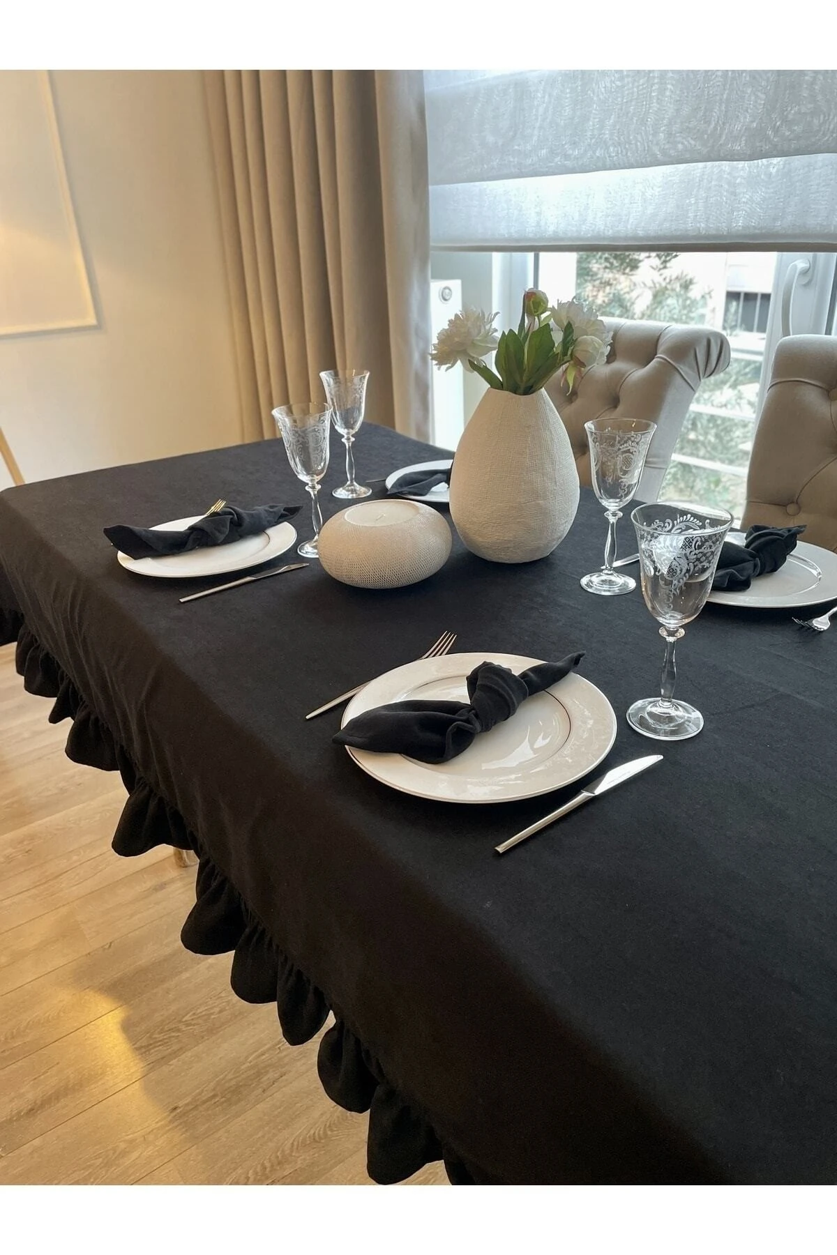 Kadife Dokulu Vintage Fırfırlı Dikdörtgen Dertsiz Masa Örtüsü - 5