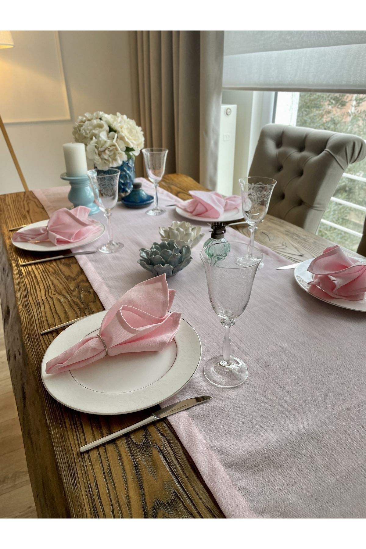 Dertsiz Simli Şeker Pembe Keten Dokulu Runner