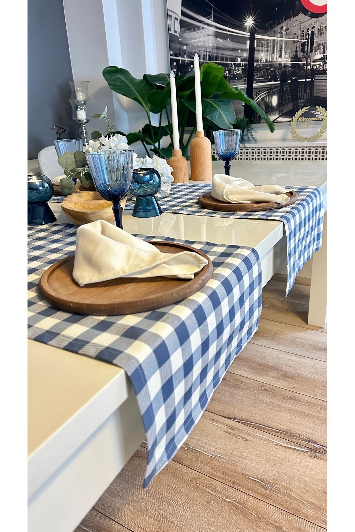 Kareli Mavi Beyaz Keten Dertsiz Runner