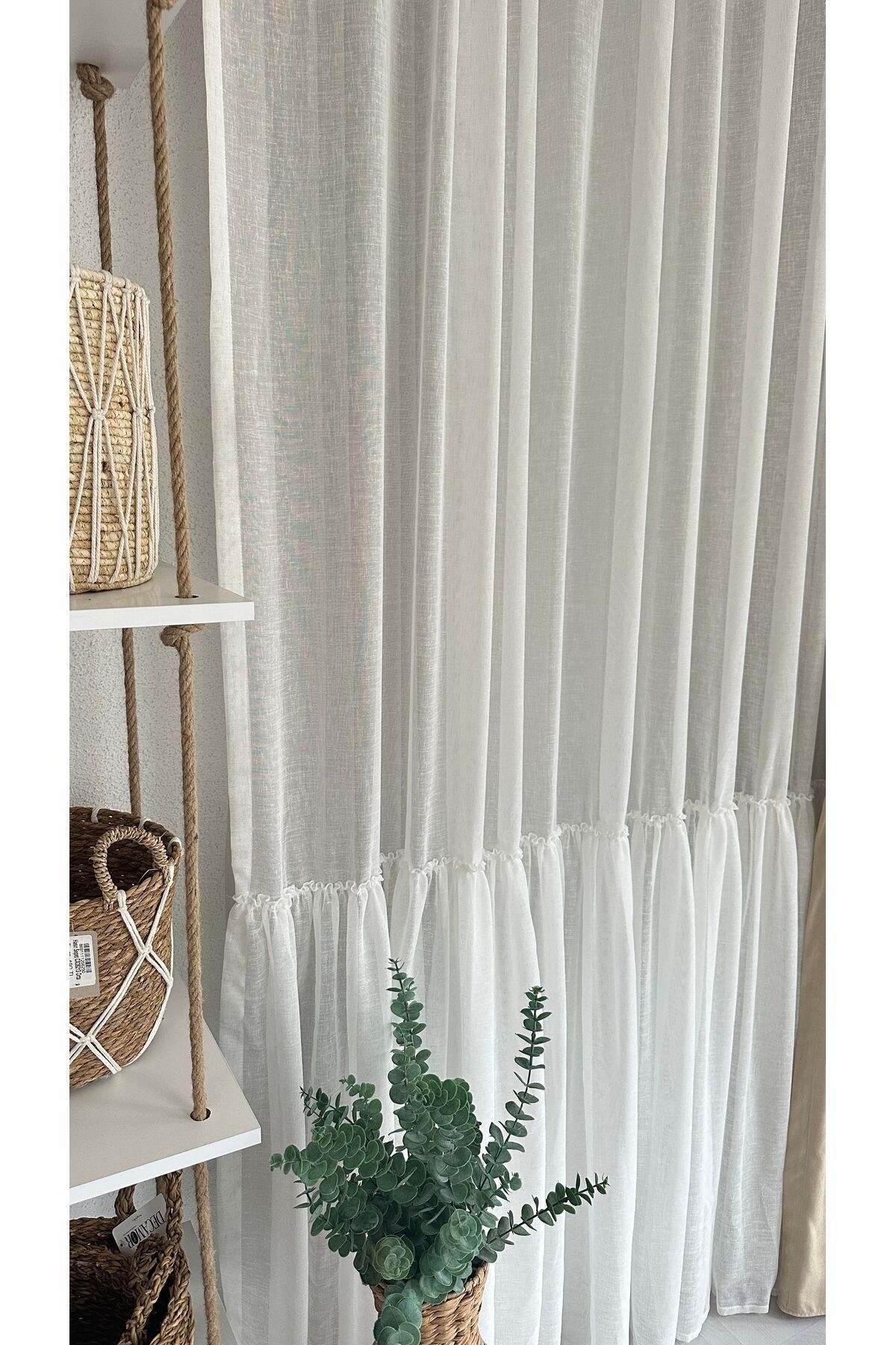 Beyaz Vintage Keten Fırfırlı Tül Perde