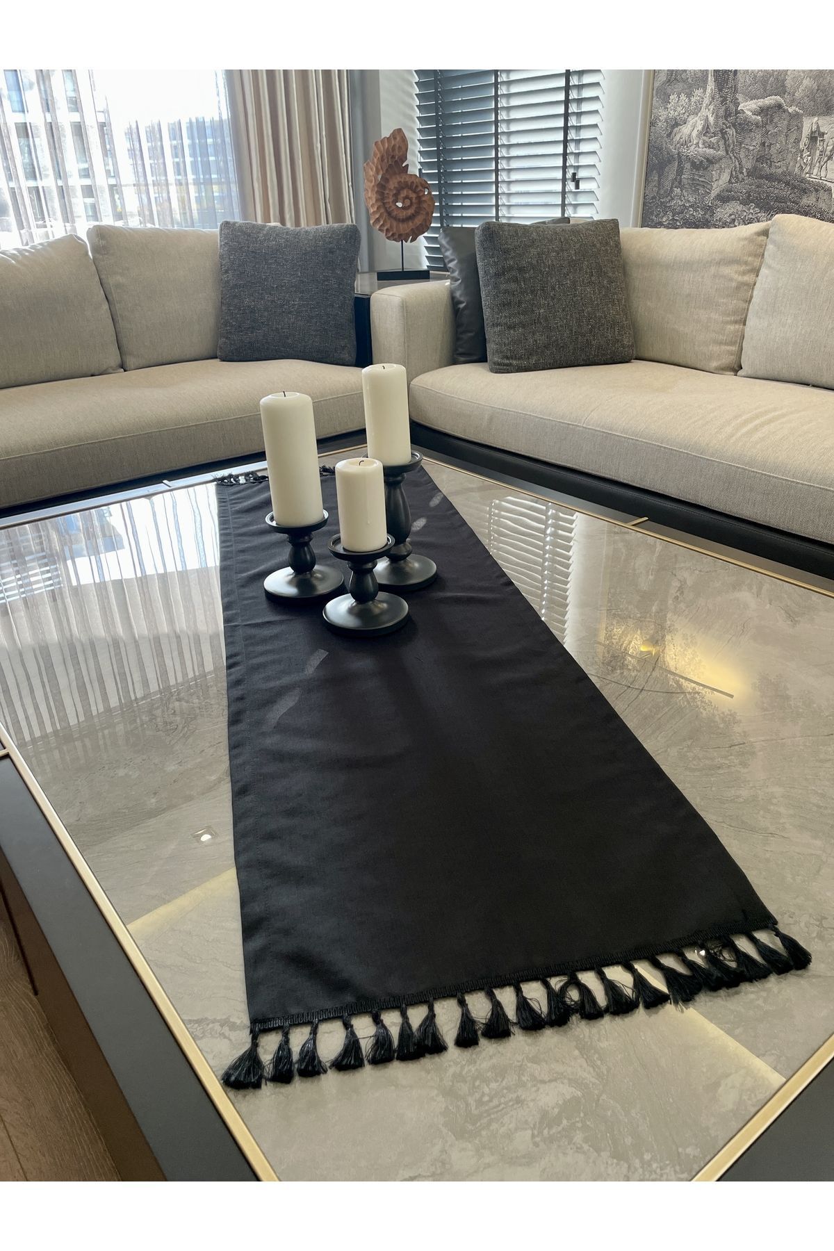 Püsküllü Siyah Runner Keten Püsküllü Runner