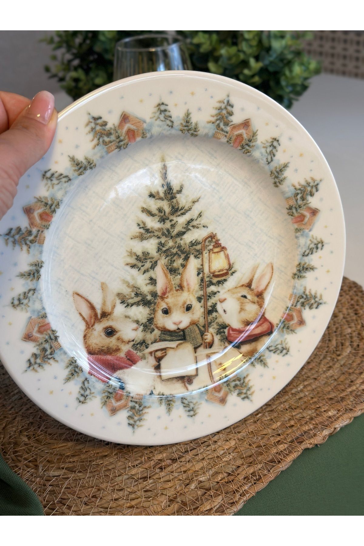 6 ad Tavşan Desenli Servis Tabağı Yılbaşı Temalı Servis Tabağı