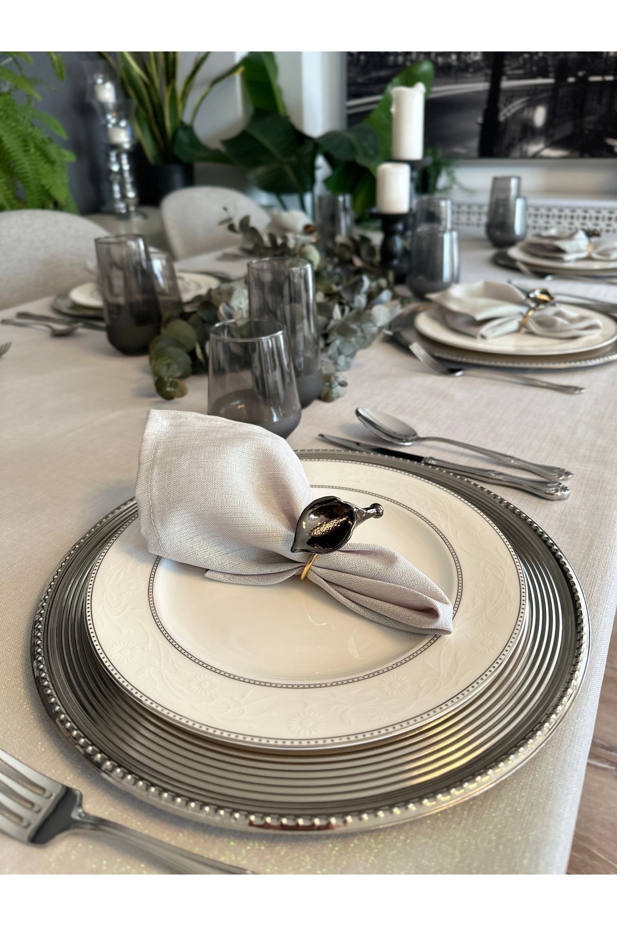 6'lı Keten Dokulu Simli Gri Peçete Kumaş Peçete