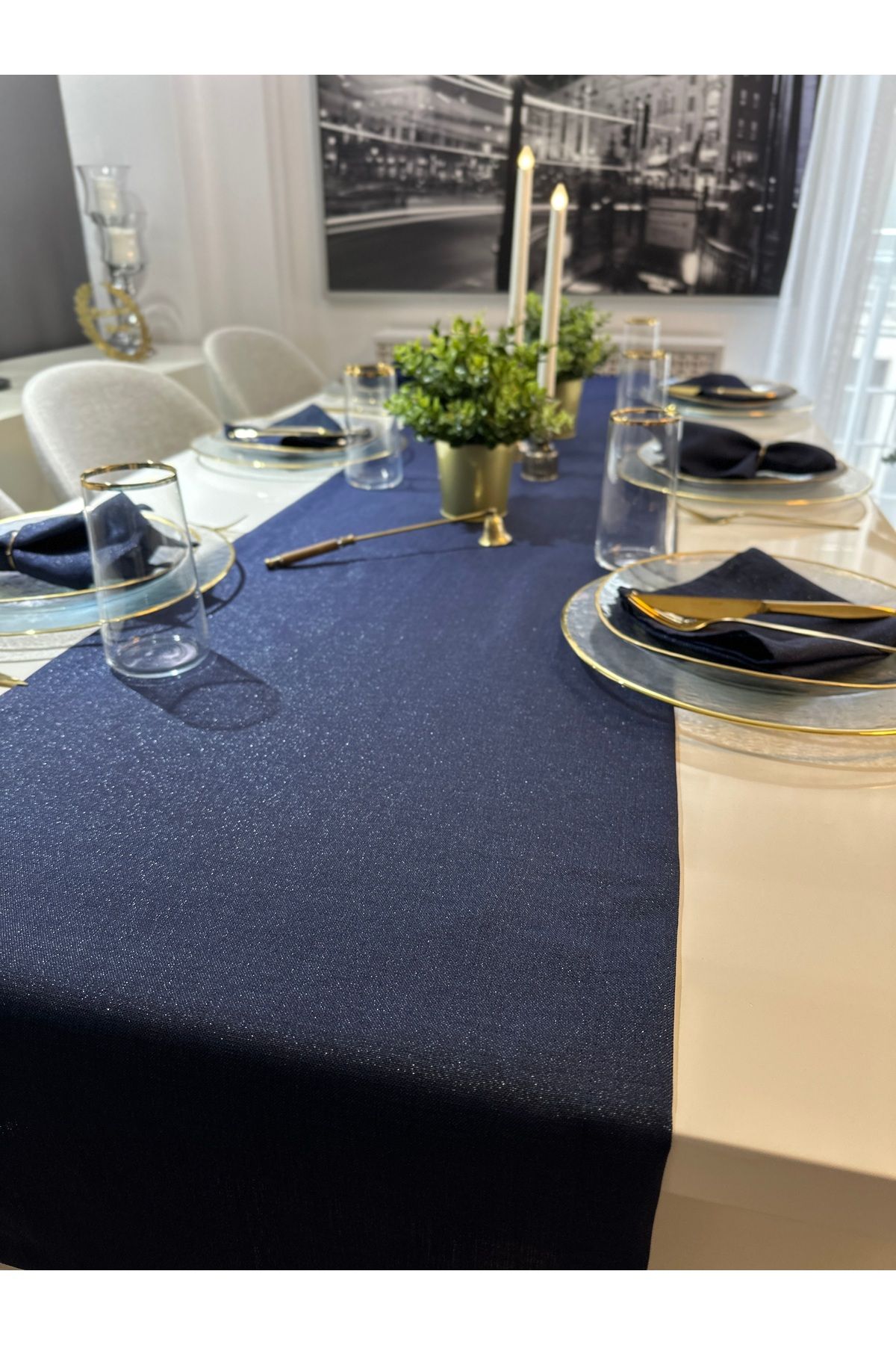 Keten Dokulu Simli Lacivert Uzun Runner