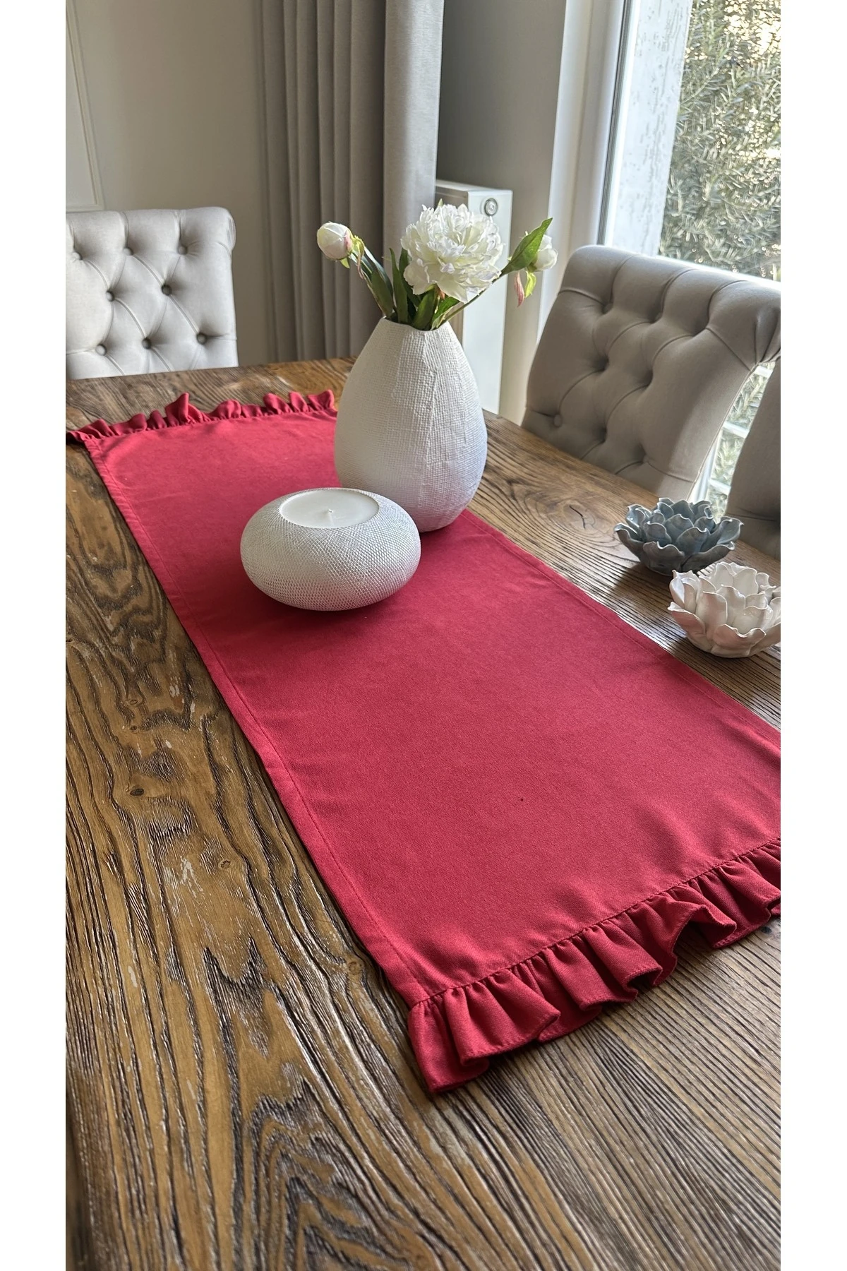 Vintage Tek Kat Fırfırlı Kırmızı Runner Yeni Yıl Runner Yılbaşı Leke Tutmaz - Kırmızı