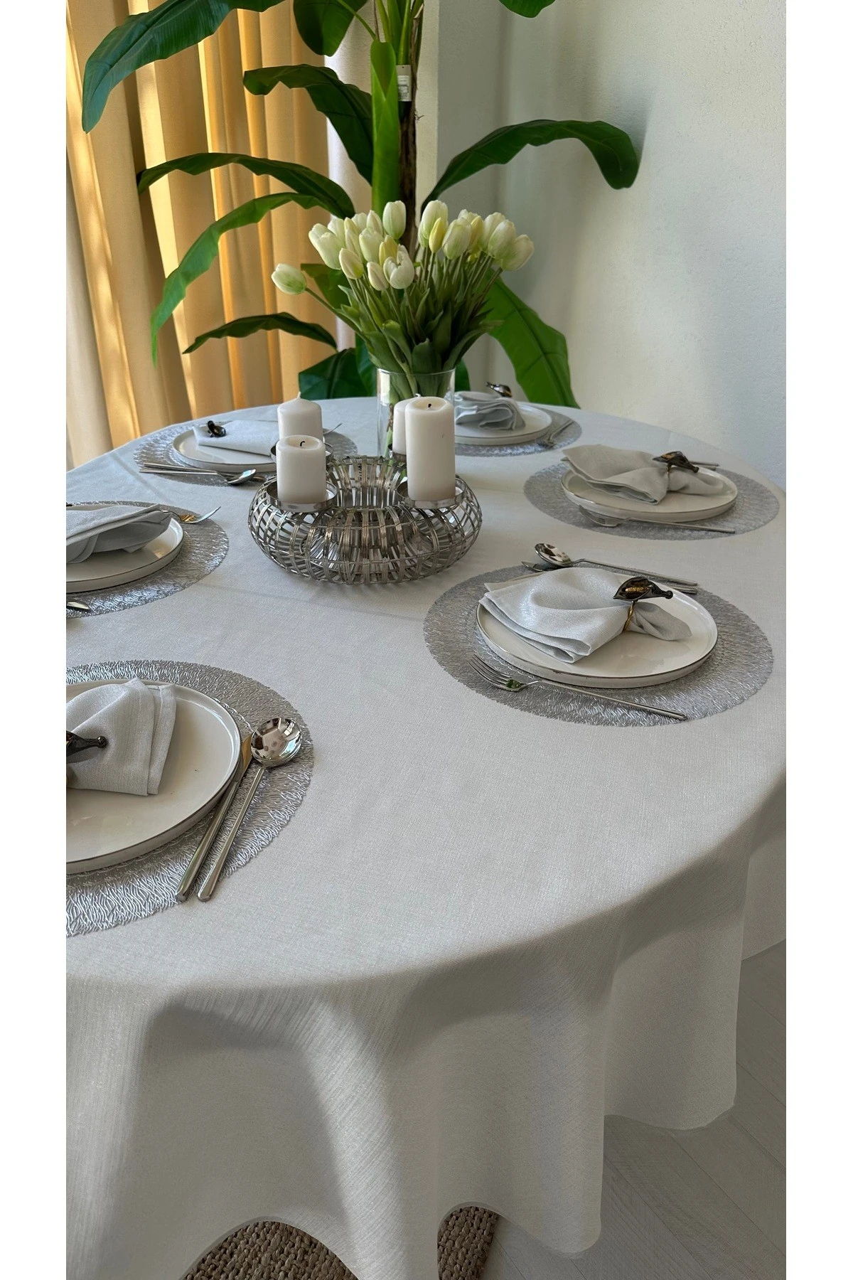 Keten Doku Simli, Simsiz Oval Masa Örtüsü - 5