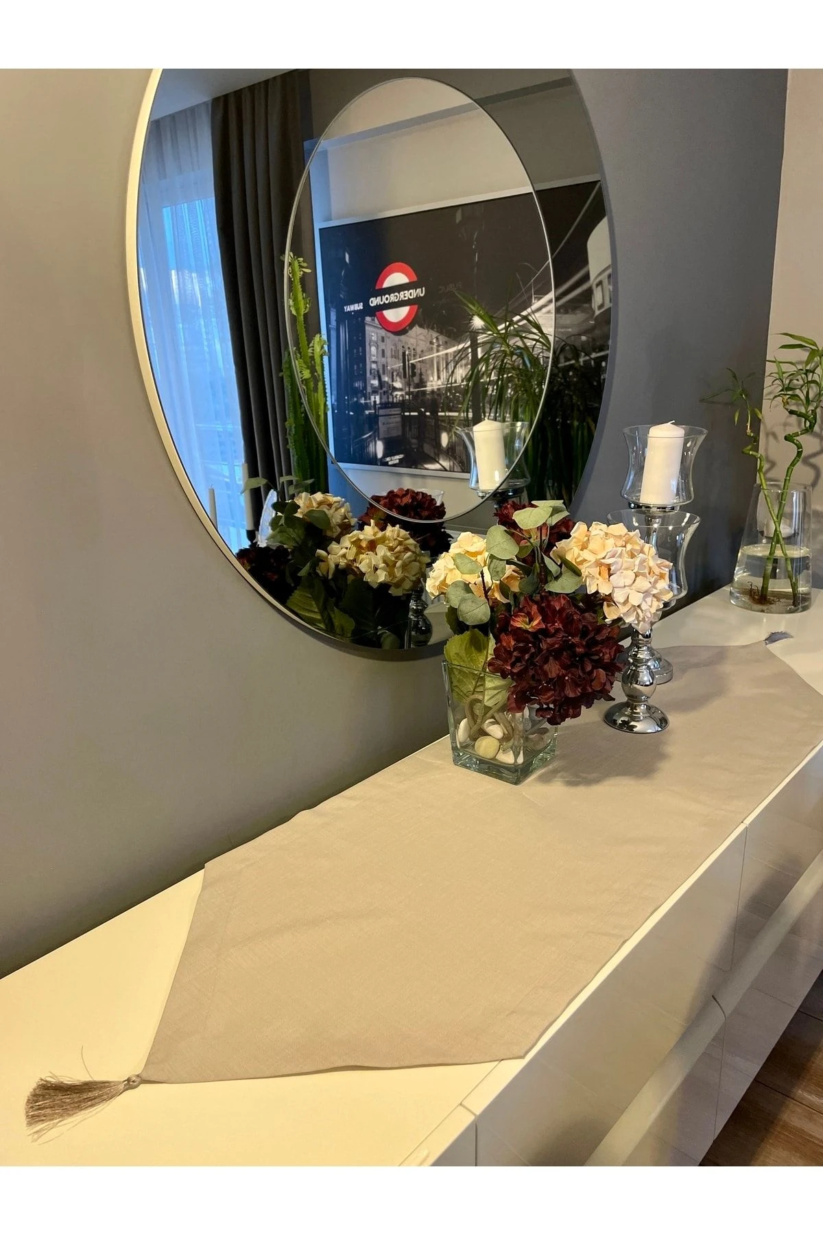 Püsküllü Bej Keten Runner