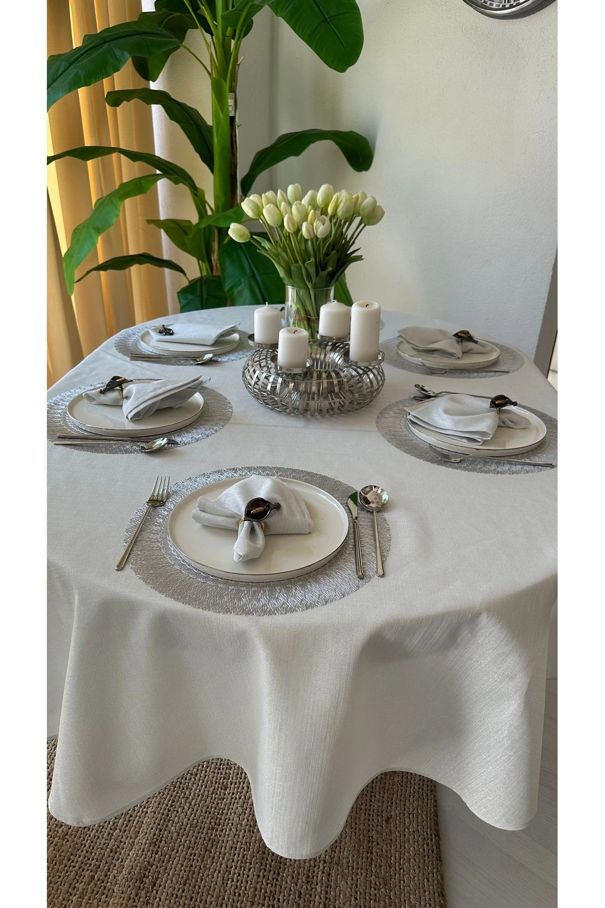 Keten Doku Simli, Simsiz Oval Masa Örtüsü - 5