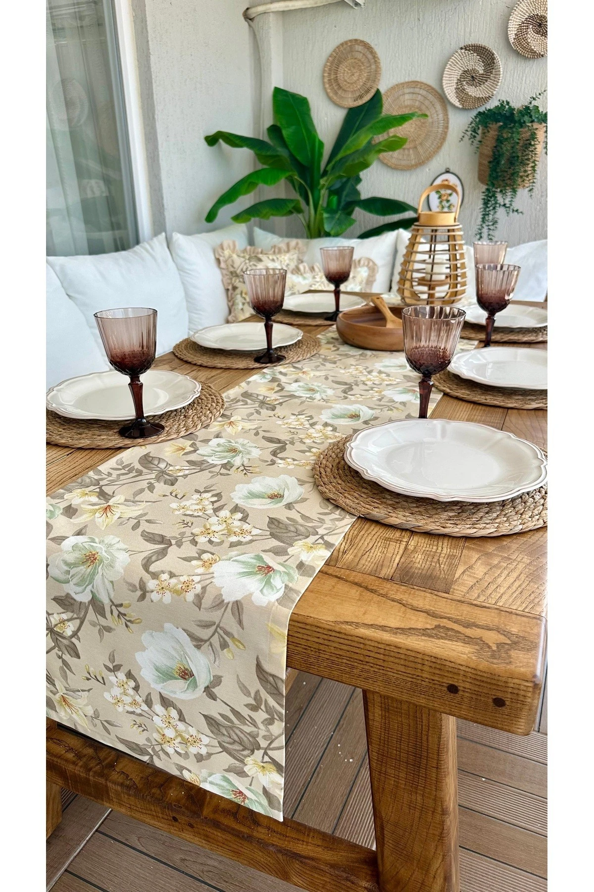 Çiçek Desenli Keten Dokulu Leke Tutmaz Runner 4