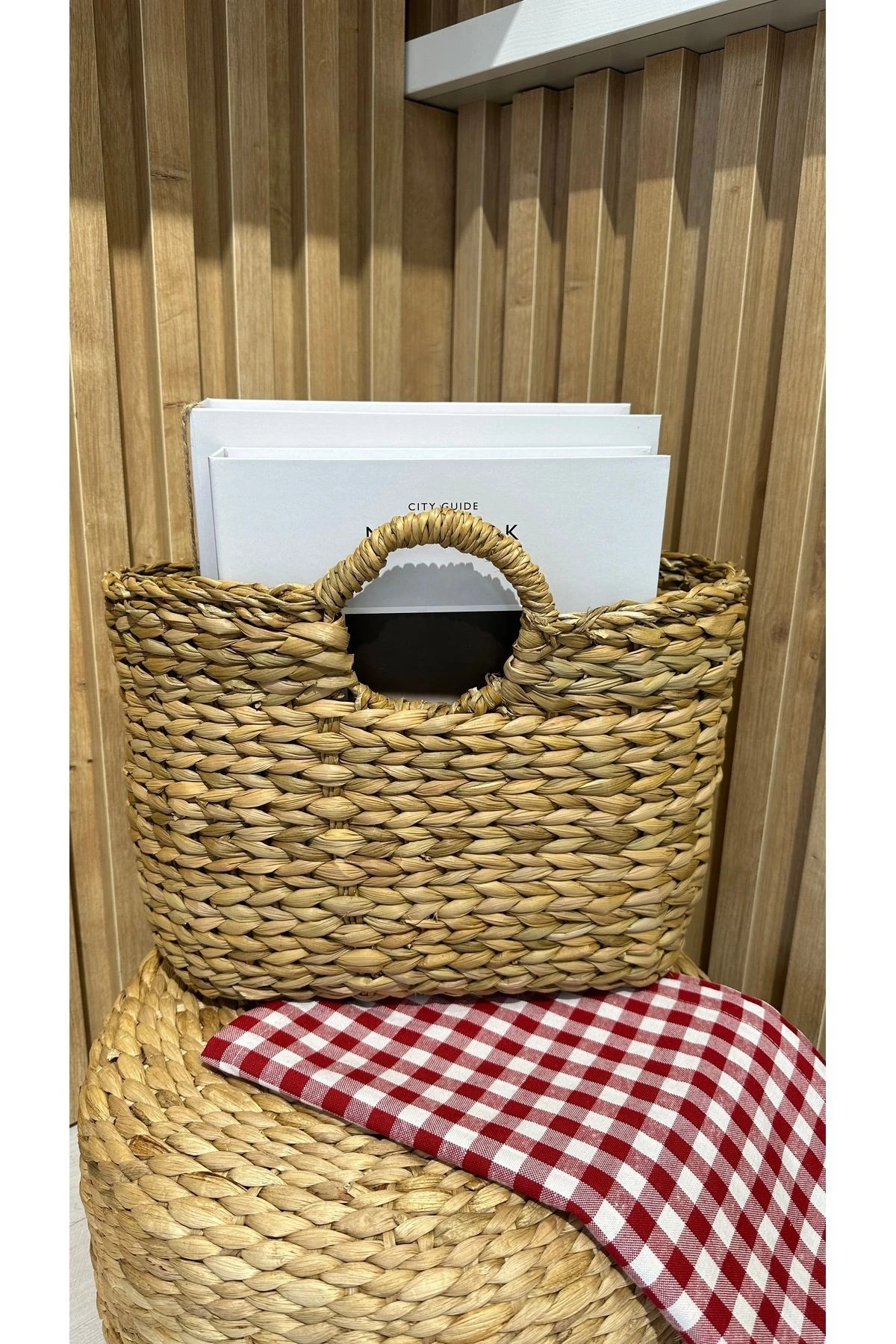 Hasır Dekoratif Çanta Örme Hasır Plaj Çantası Küçük Boy