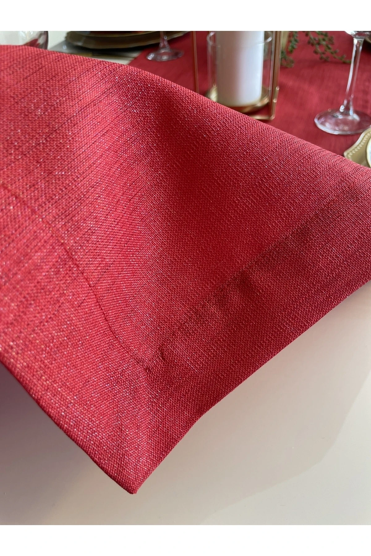 Keten Dokulu Simli Kırmızı Runner Yılbaşı Runner