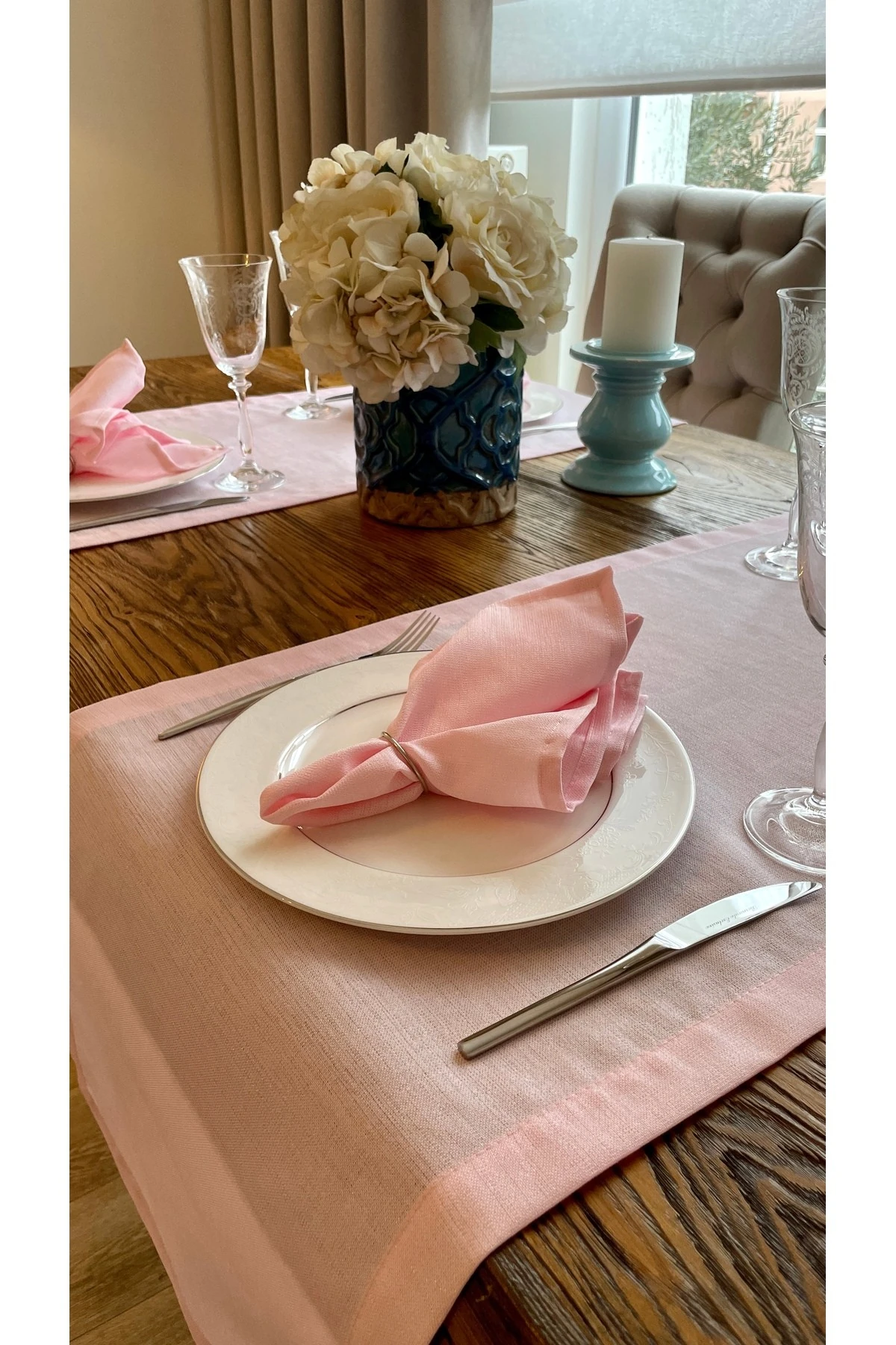 Keten Dokulu Şeker Pembe Peçete Kumaş Peçete 6 Ad