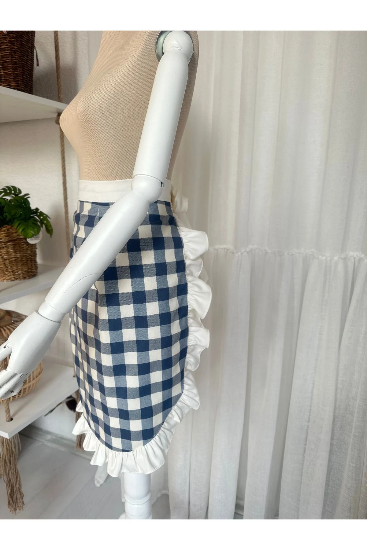 Fırfırlı Leke Tutmaz Mutfak Önlüğü Pötikare Mavi / Ekru