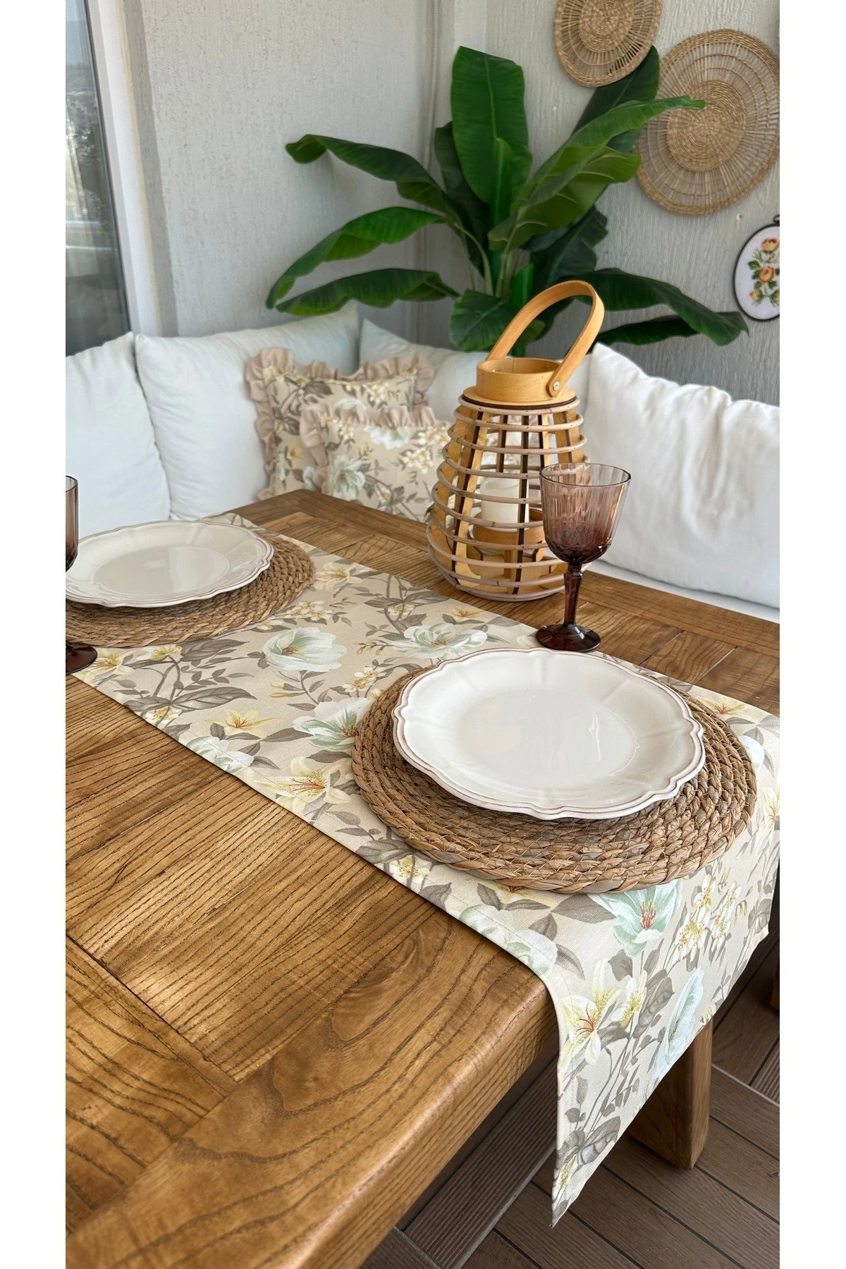 Çiçek Desenli Keten Dokulu Leke Tutmaz Runner 4