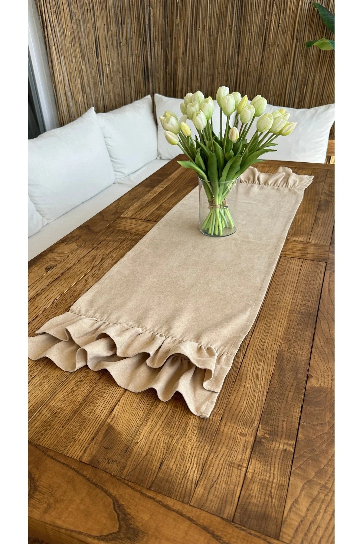 Vintage Kadife Dokulu Dertsiz Çift Kat Fırfırlı Bej Runner