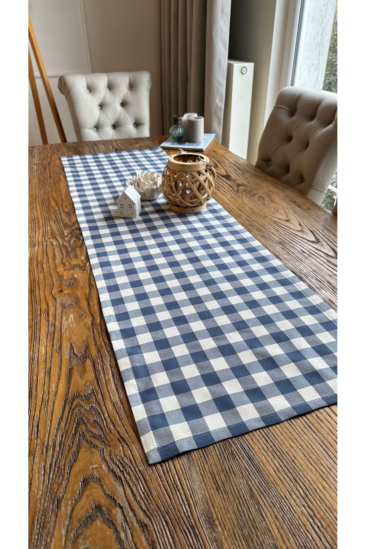 Kareli Mavi Beyaz Keten Dertsiz Runner