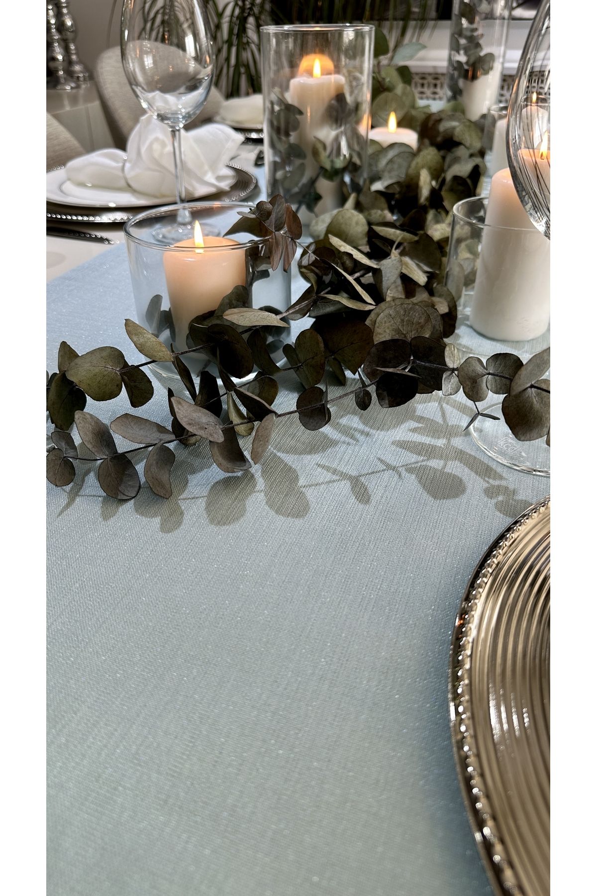 Keten Dokulu Simli Mint Yeşili Uzun Runner